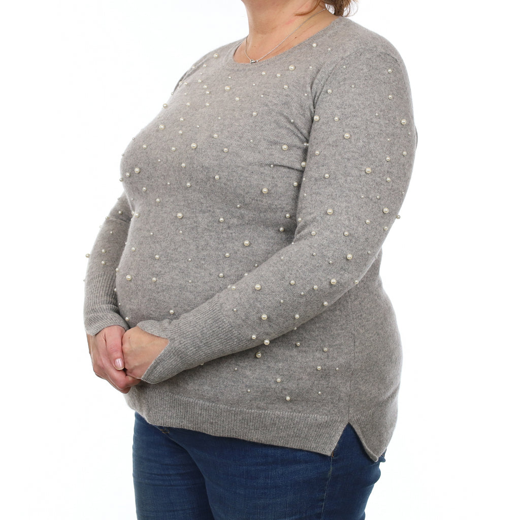 Smoke Grey Pearl Embellished Cashmere Crew Neck Jumper Extra Large