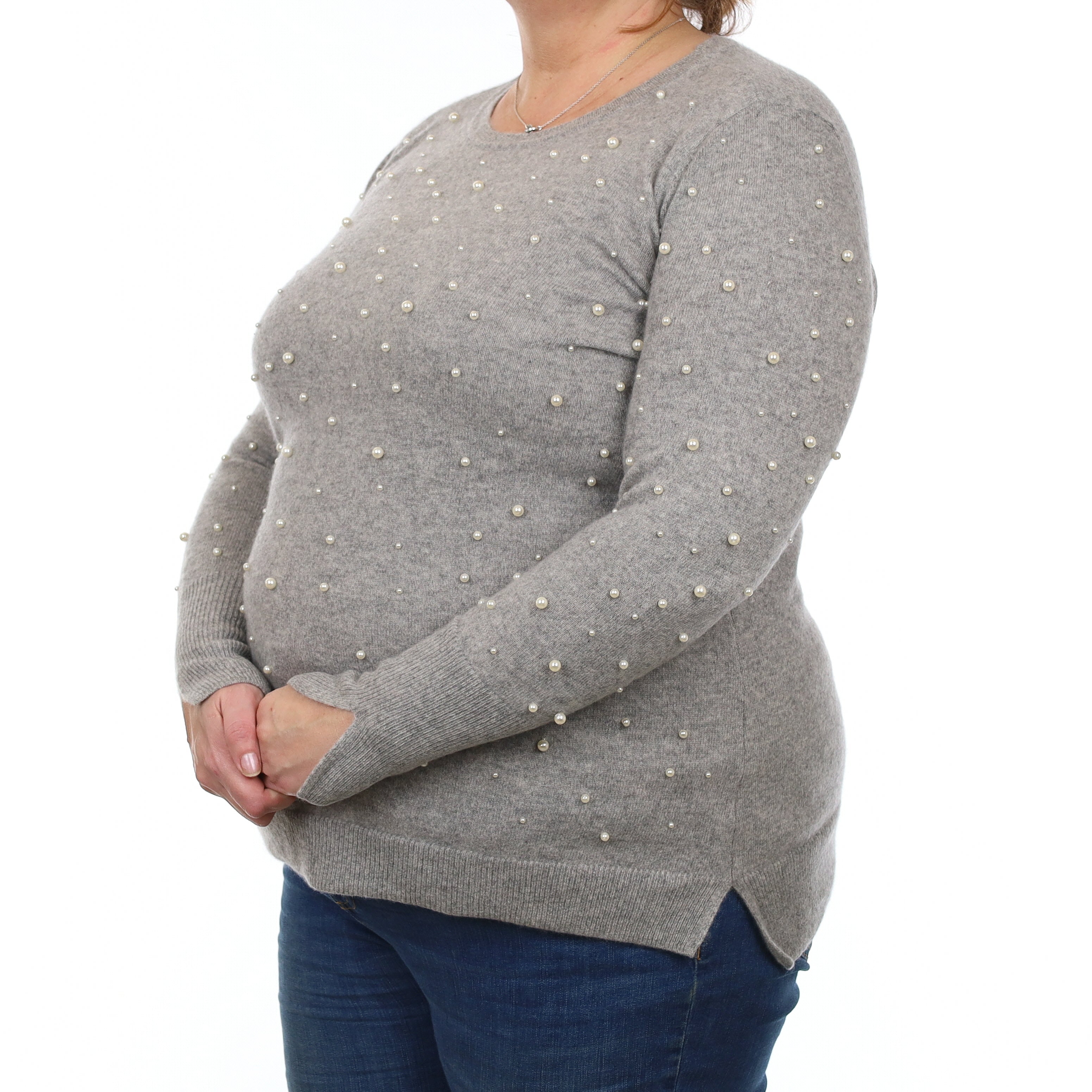 Smoke Grey Pearl Embellished Cashmere Crew Neck Jumper Extra Large