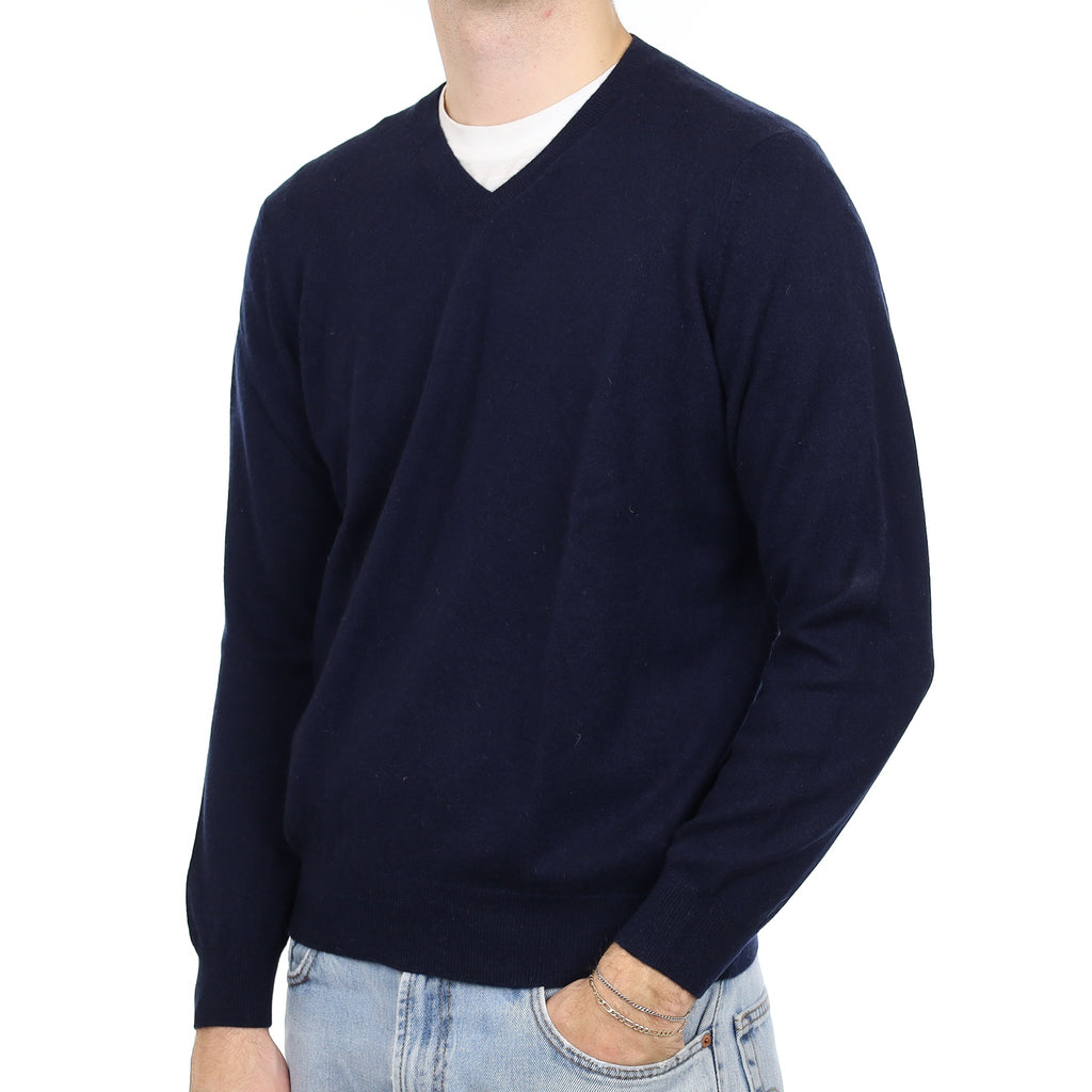 Men's Navy Blue Cashmere V Neck Jumper Large