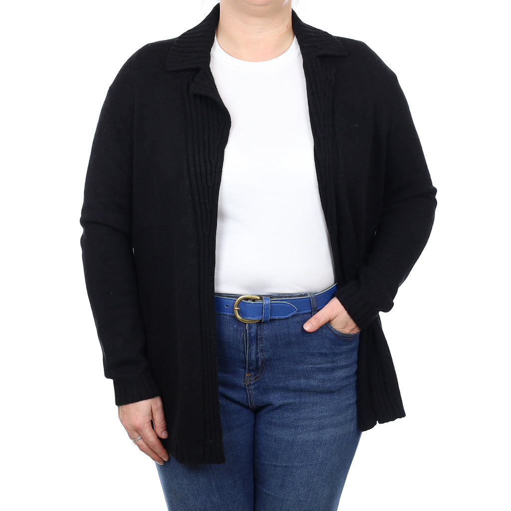 Black Heavy Knit Cashmere Collared Edge to Edge Cardigan Large