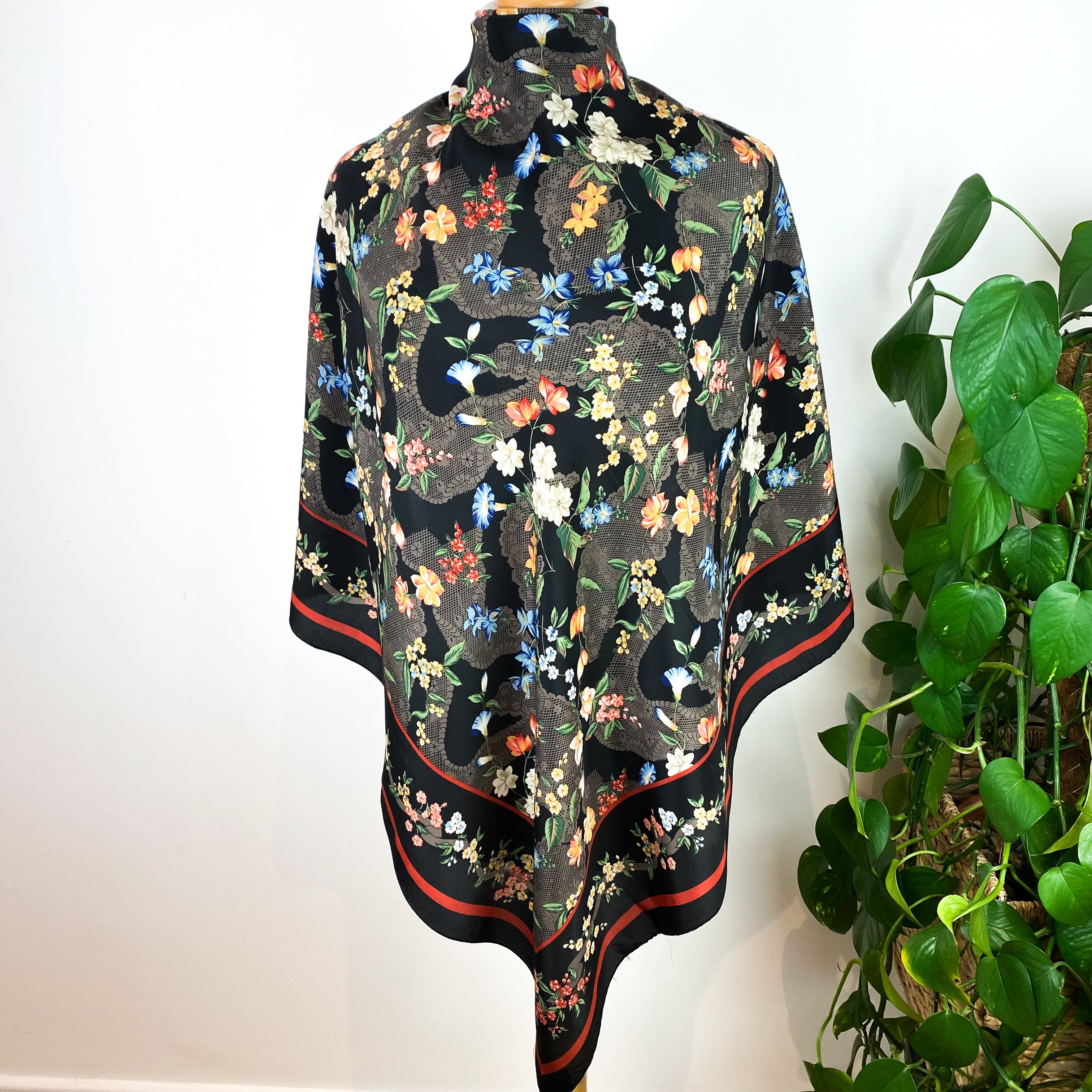 Large Black Floral Silk Scarf