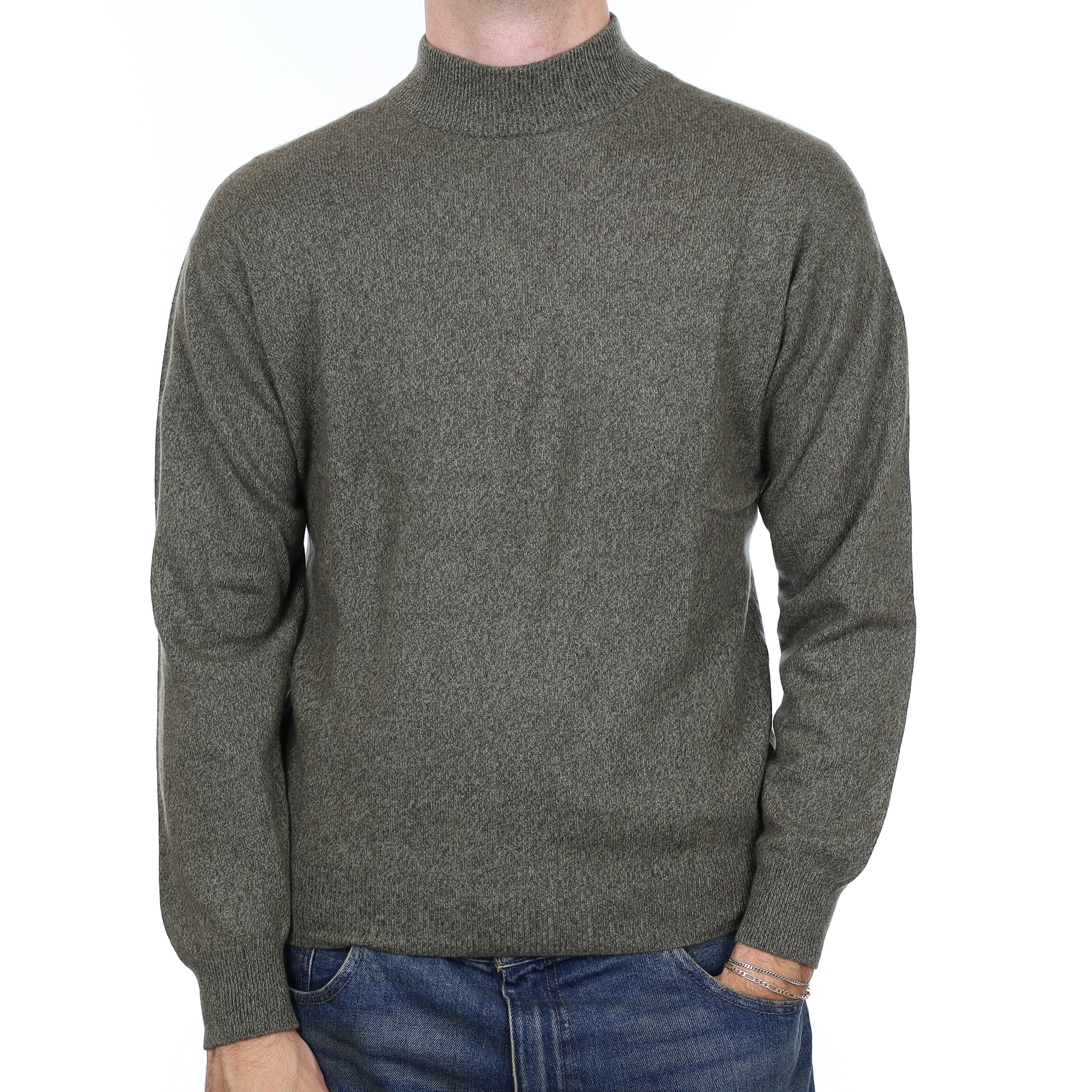 Men’s Khaki Green Marl Cashmere Turtle Neck Jumper Medium