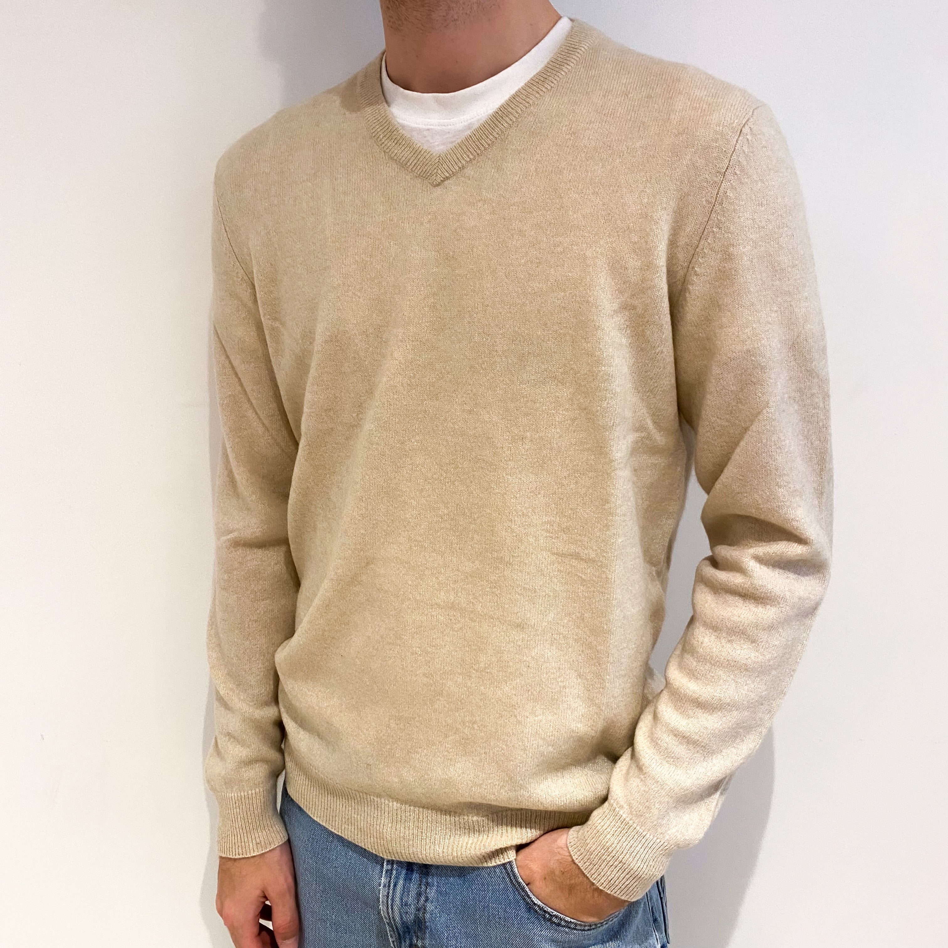 Men's Vanilla Beige Cashmere V Neck Jumper Medium