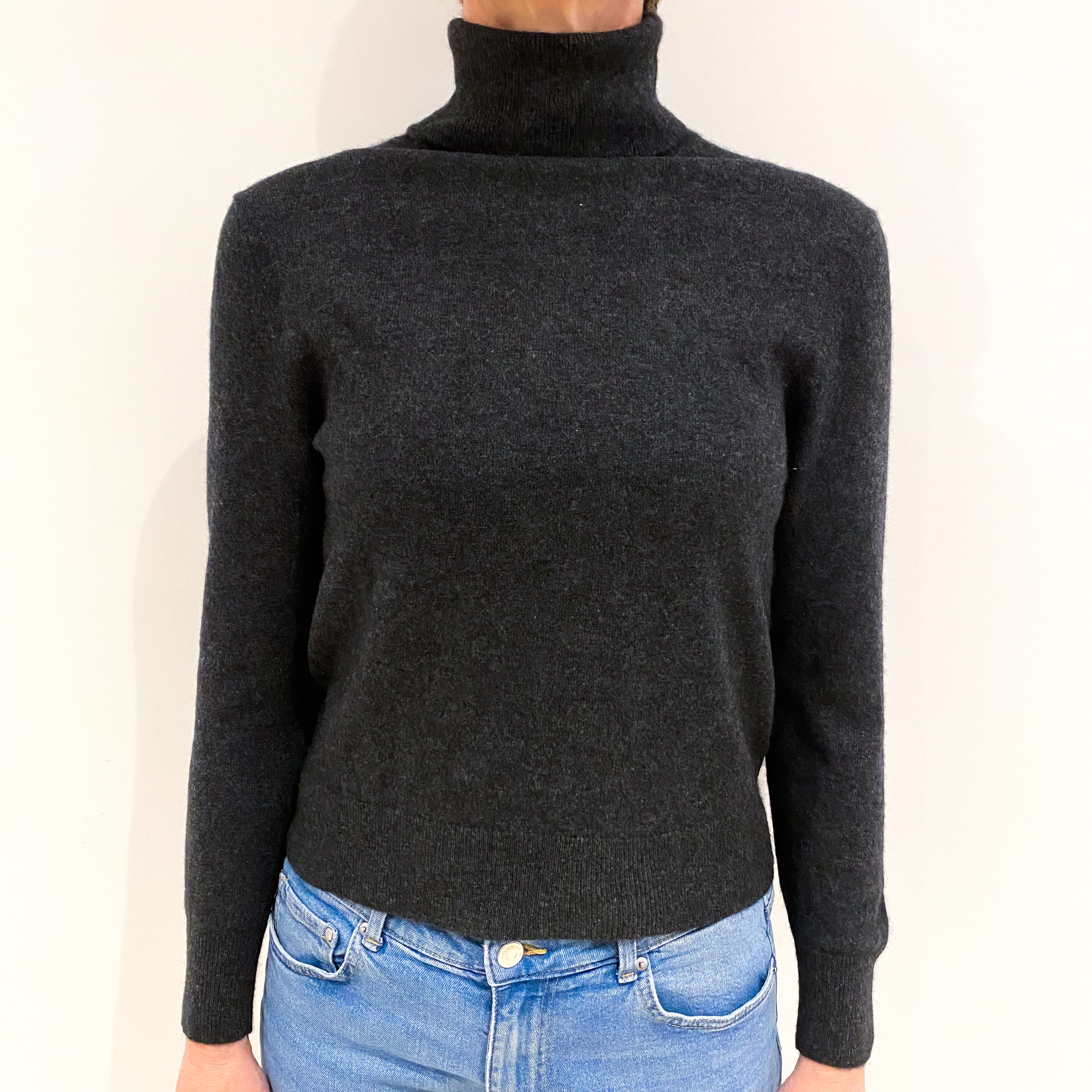 Charcoal Grey Cashmere Polo Neck Jumper Small