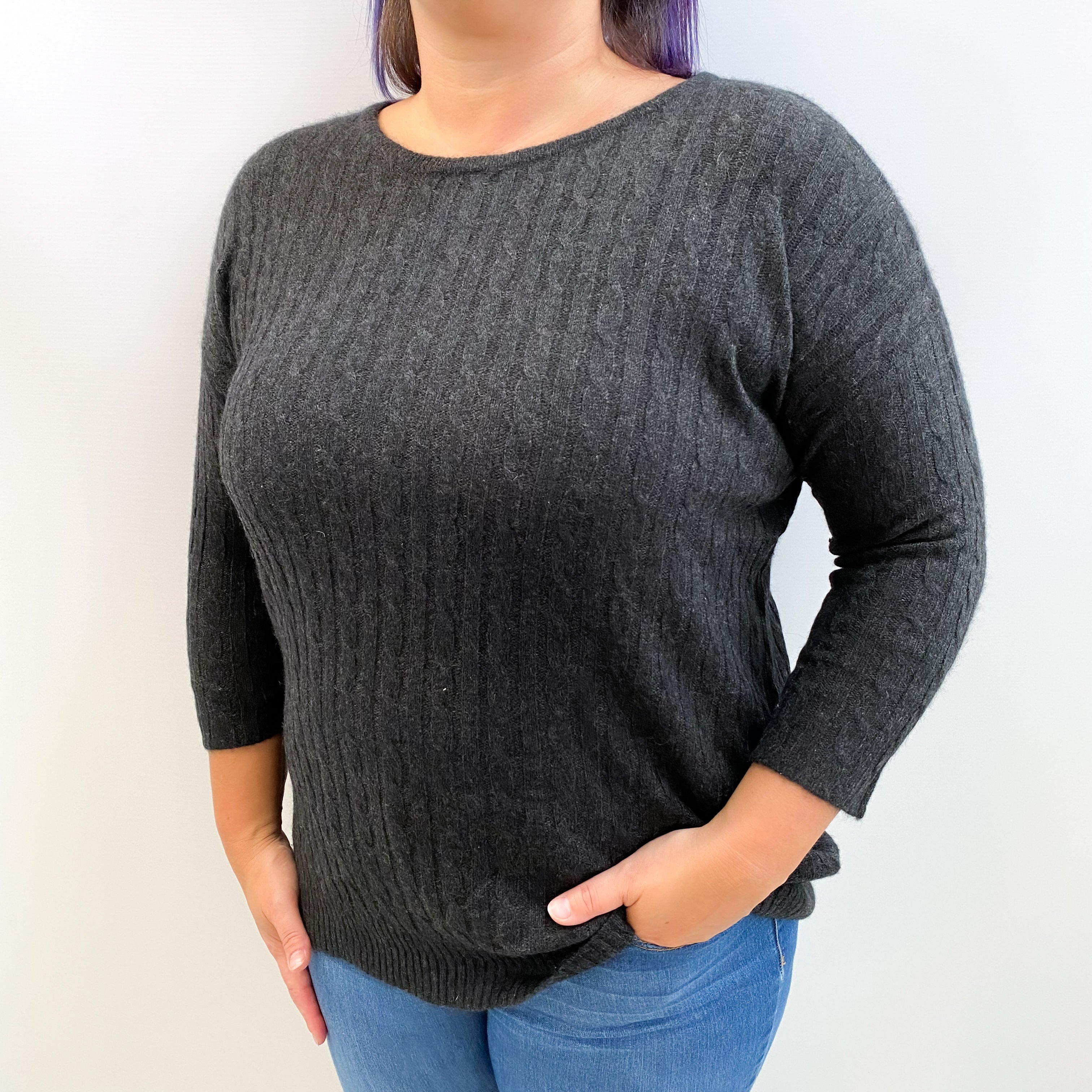 Charcoal Grey Cable Cashmere Crew Neck Jumper Large