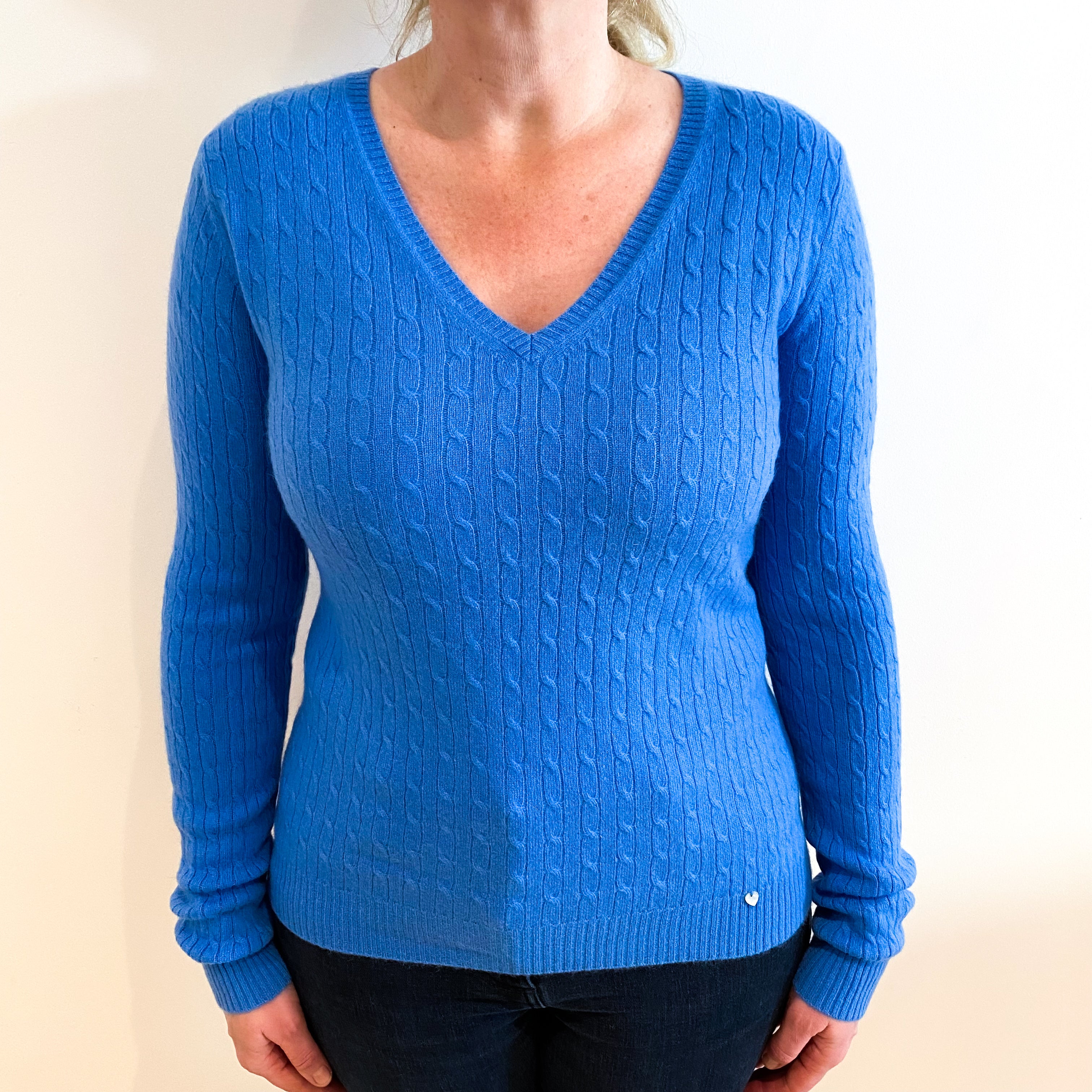 Cornflower Blue Cable Cashmere V Neck Jumper Large