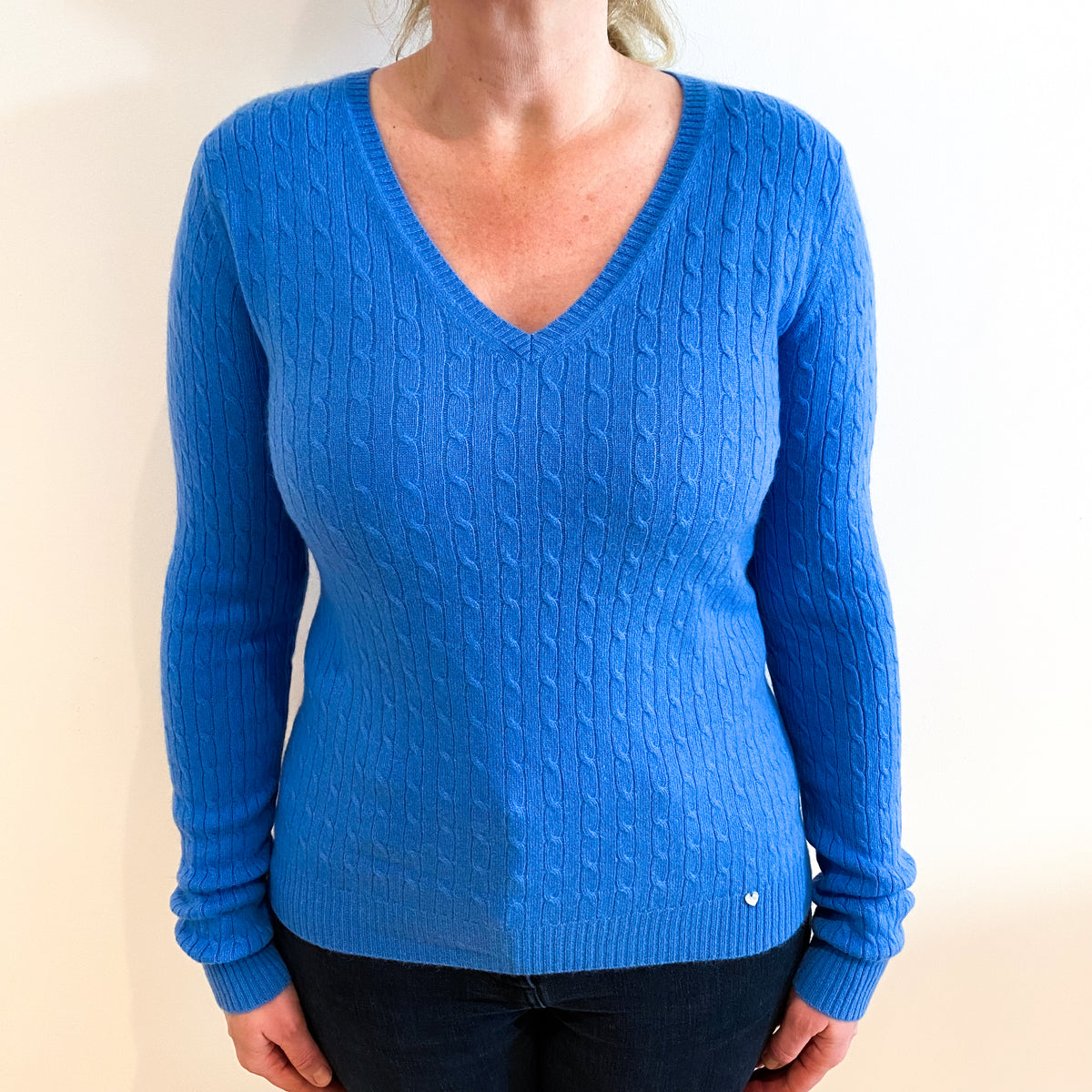 Cornflower Blue Cable Cashmere V Neck Jumper Large