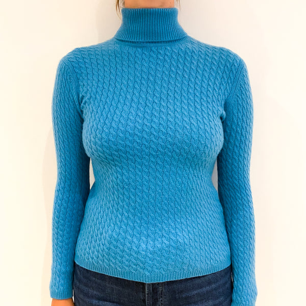 Turquoise Blue Cable Knit Cashmere Polo Neck Jumper Small
