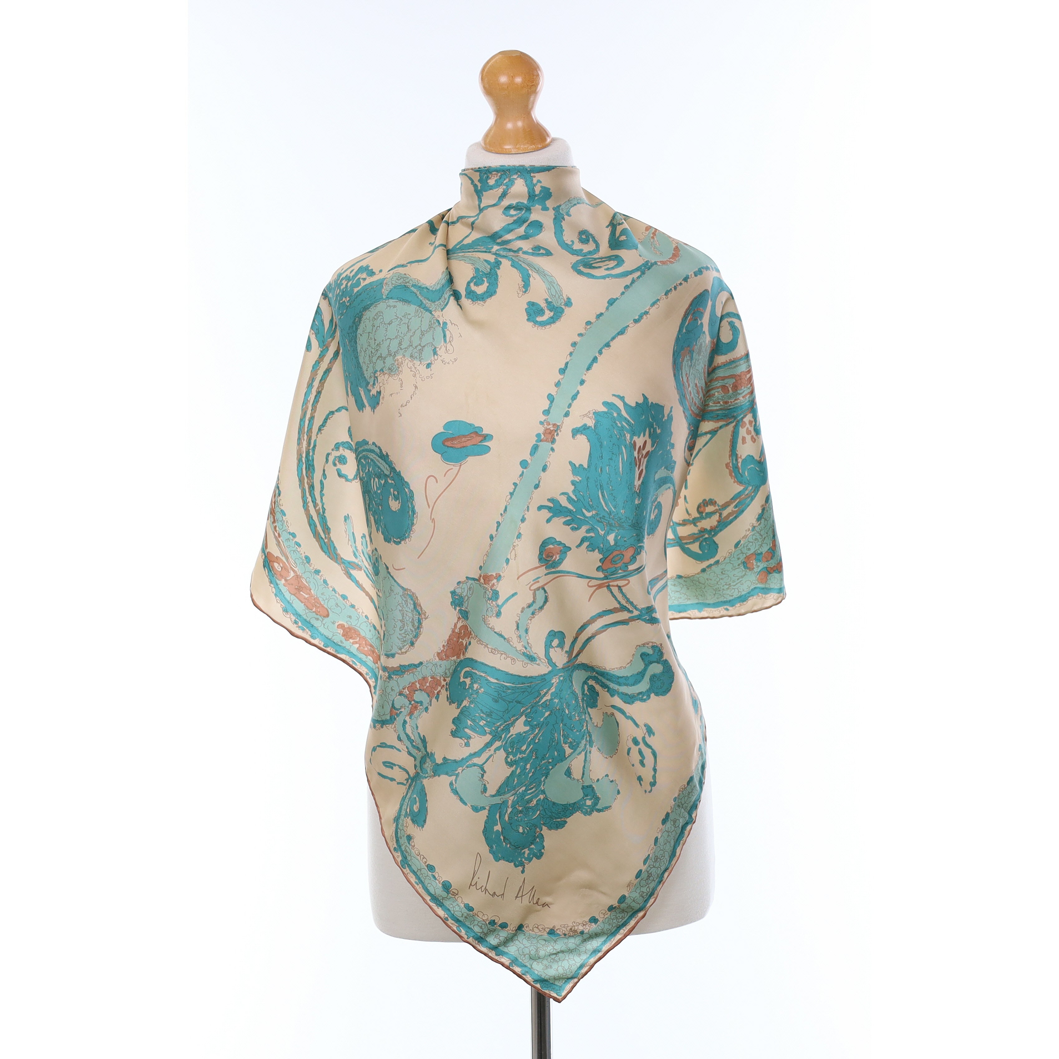 1970’s Richard Allan Aqua Floral Silk Scarf