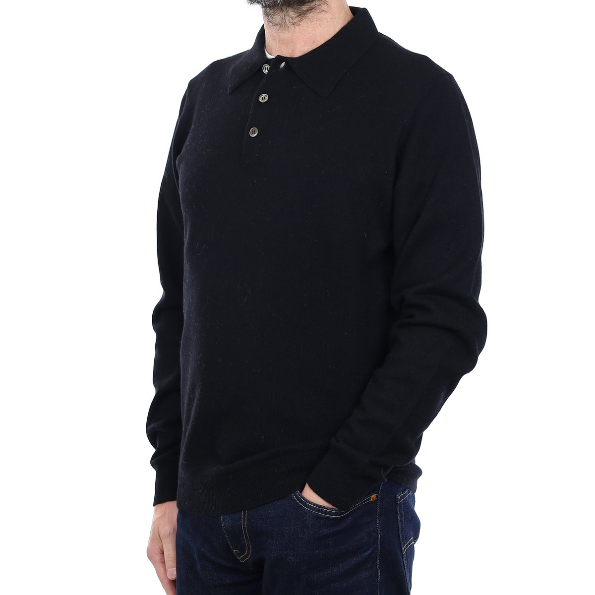 Men's Black Cashmere Collared 1/4 Button Jumper Small