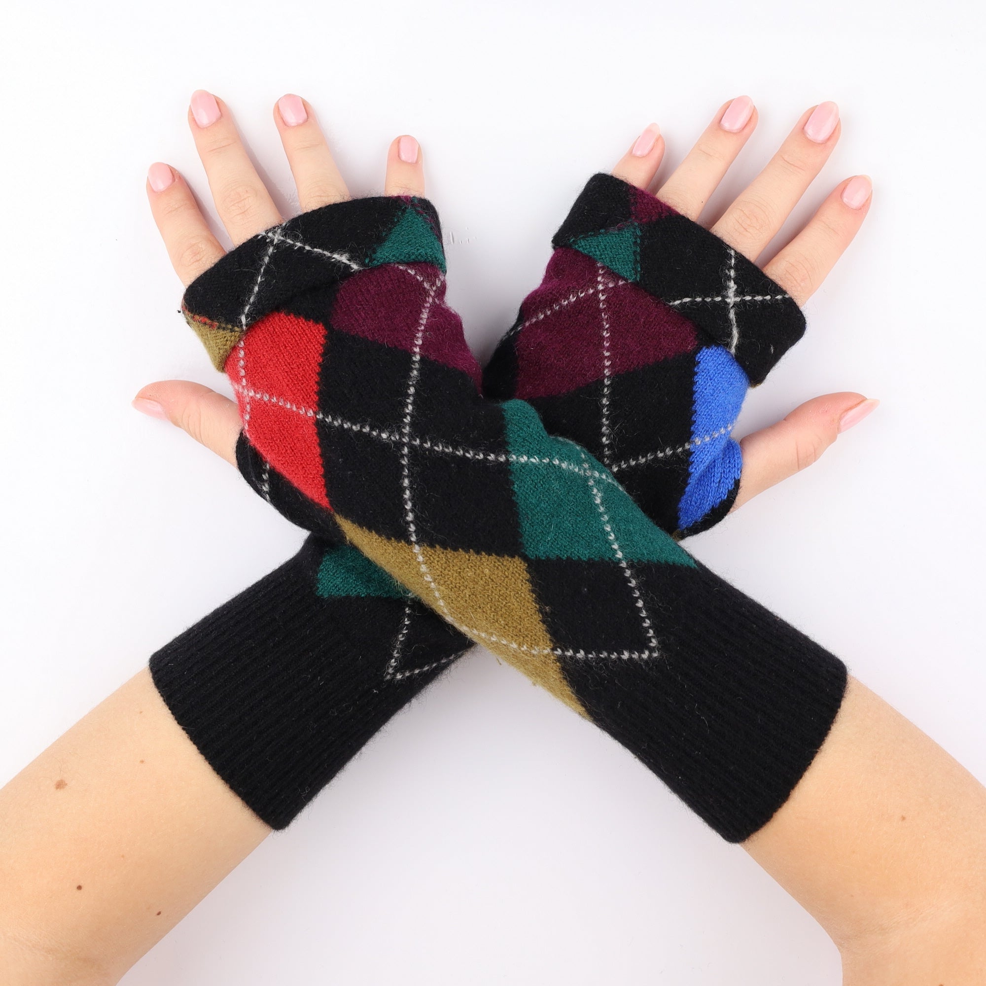 Black Argyle Fingerless Gloves