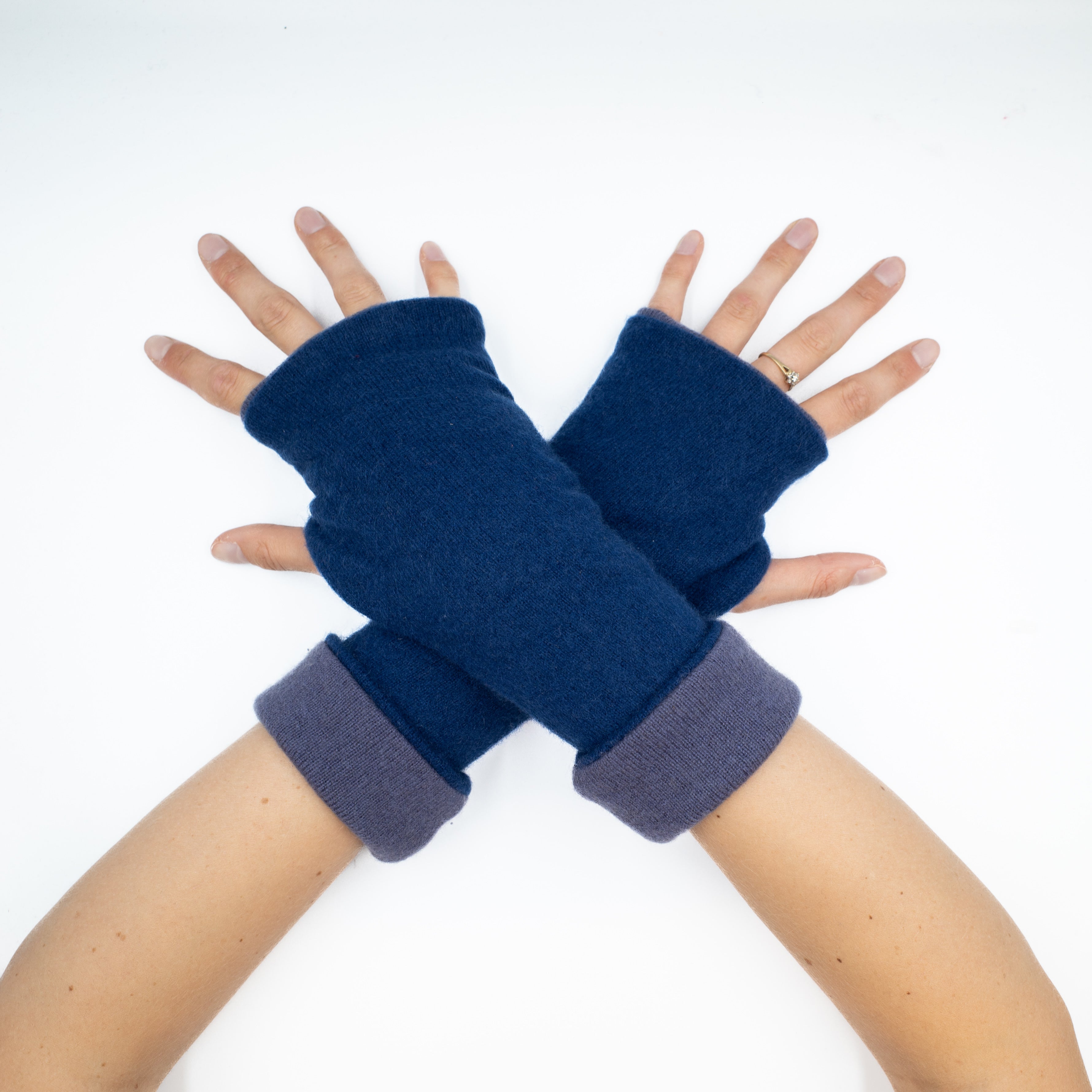 French Navy and Stone Purple Reversible Fingerless Gloves