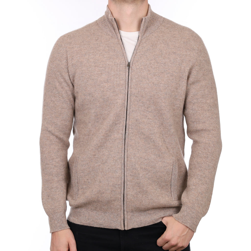 Men’s Brand New Scottish Fawn Marl Cashmere Zip Up Turtle Neck Cardigan XL