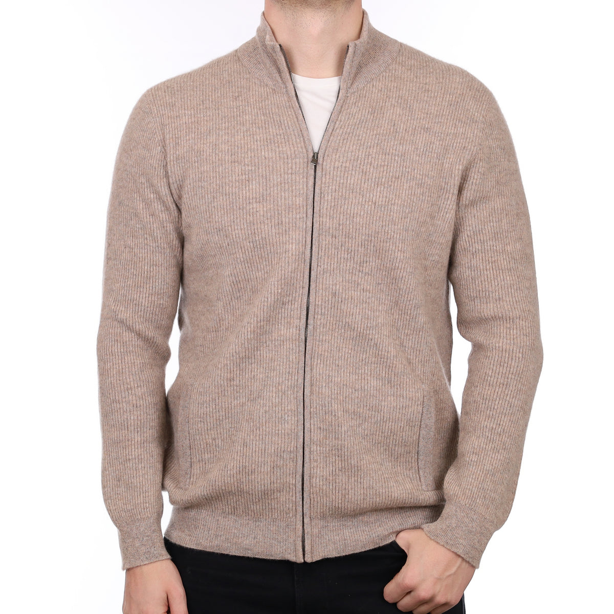 Men’s Brand New Scottish Fawn Marl Cashmere Zip Up Turtle Neck Cardigan XL