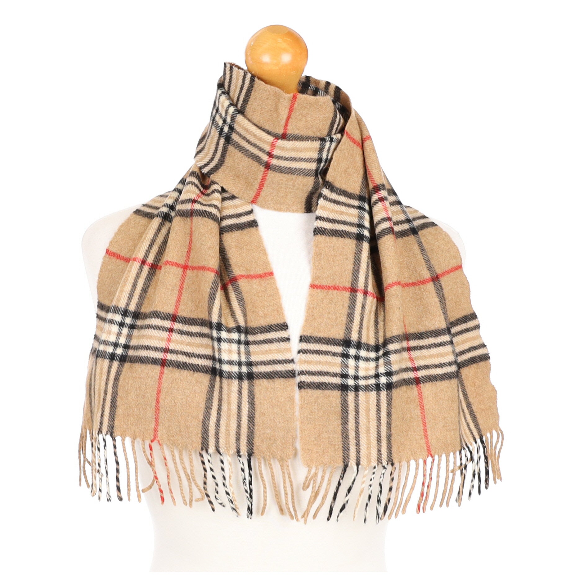 Camel Checked Cashmere Fringed Woven Scarf