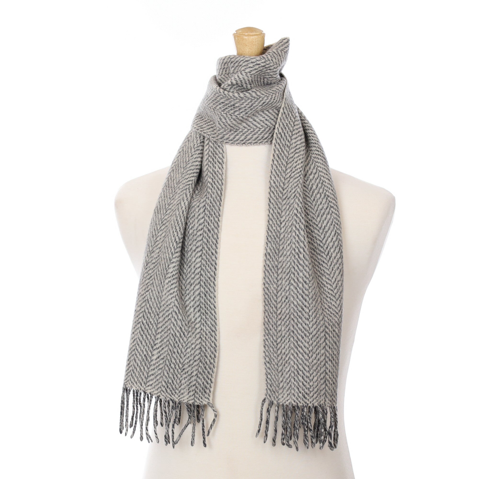Grey Herringbone Cashmere Fringed Woven Scarf
