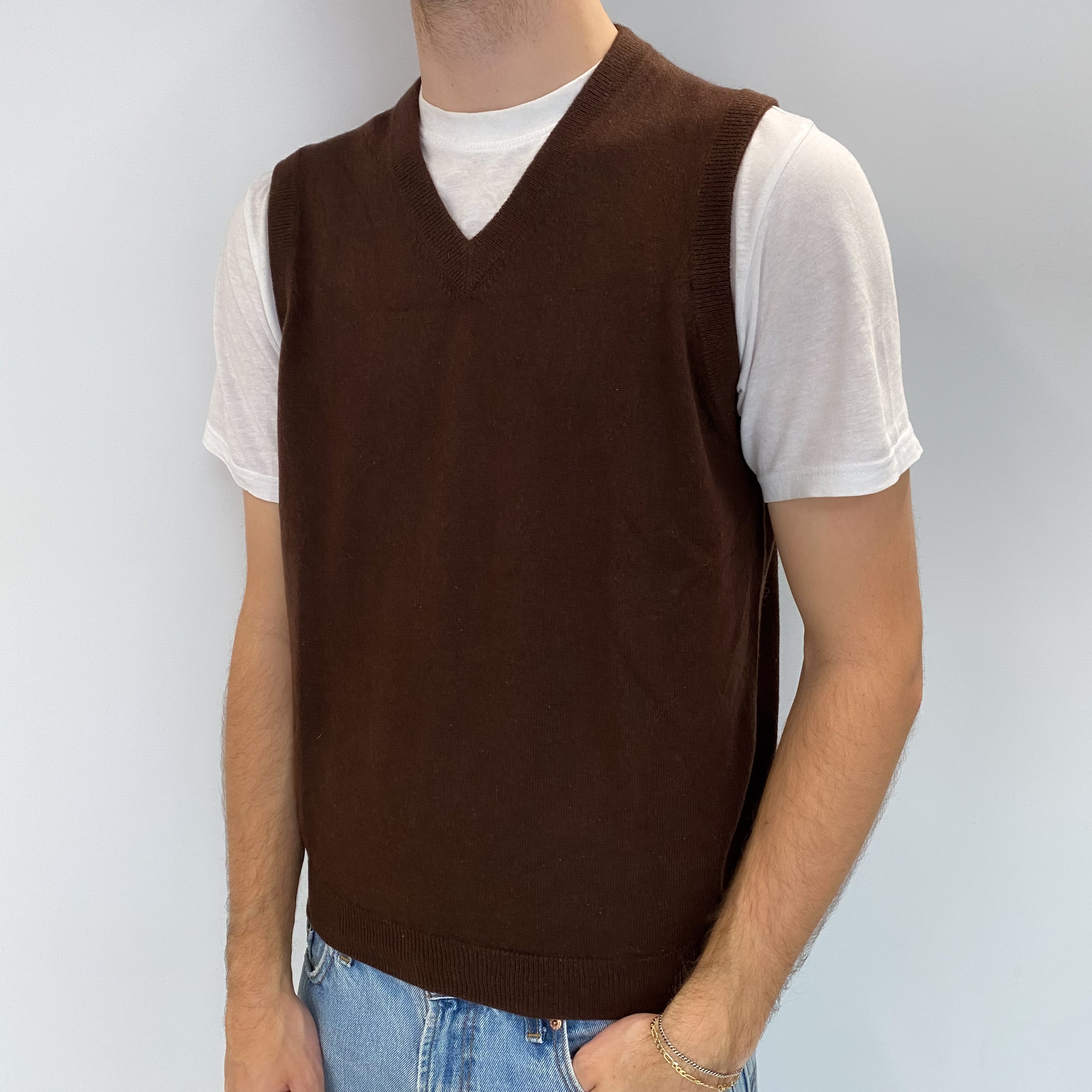 Men's Umber Brown Cashmere Sleeveless V Neck Jumper Large