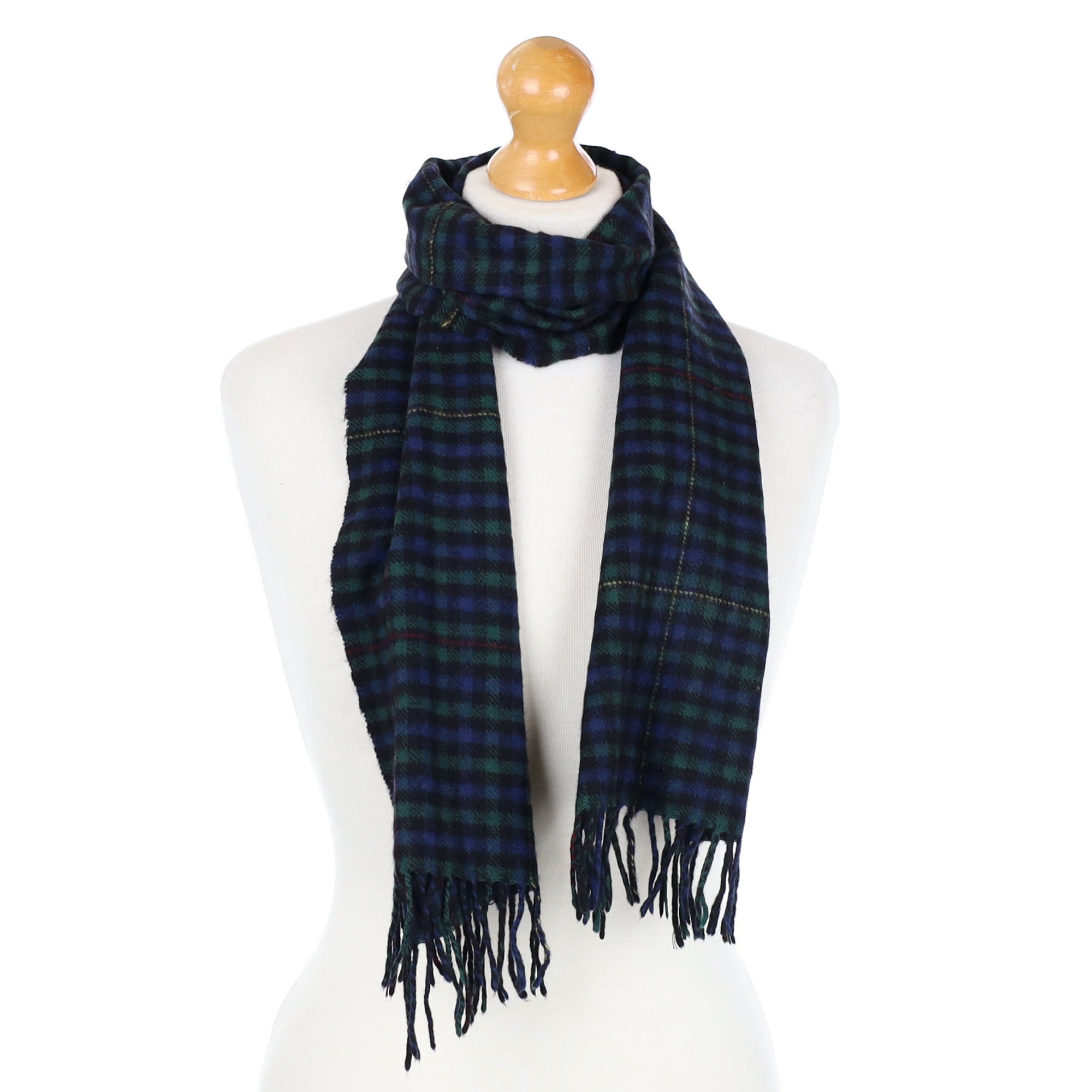 Navy and Green Checked Cashmere Fringed Woven Scarf