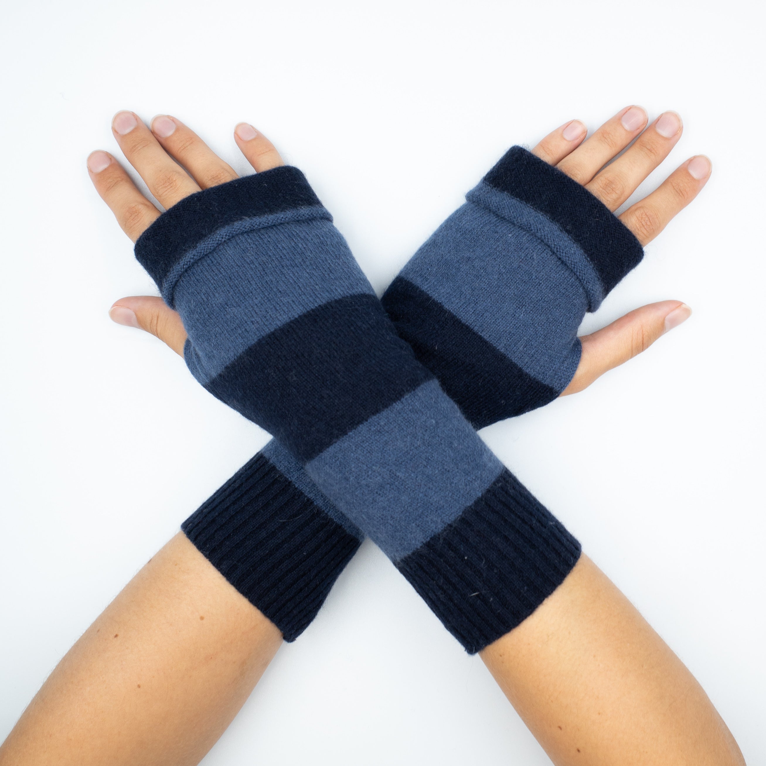 Naval Blue Stripe Cashmere Fingerless Gloves
