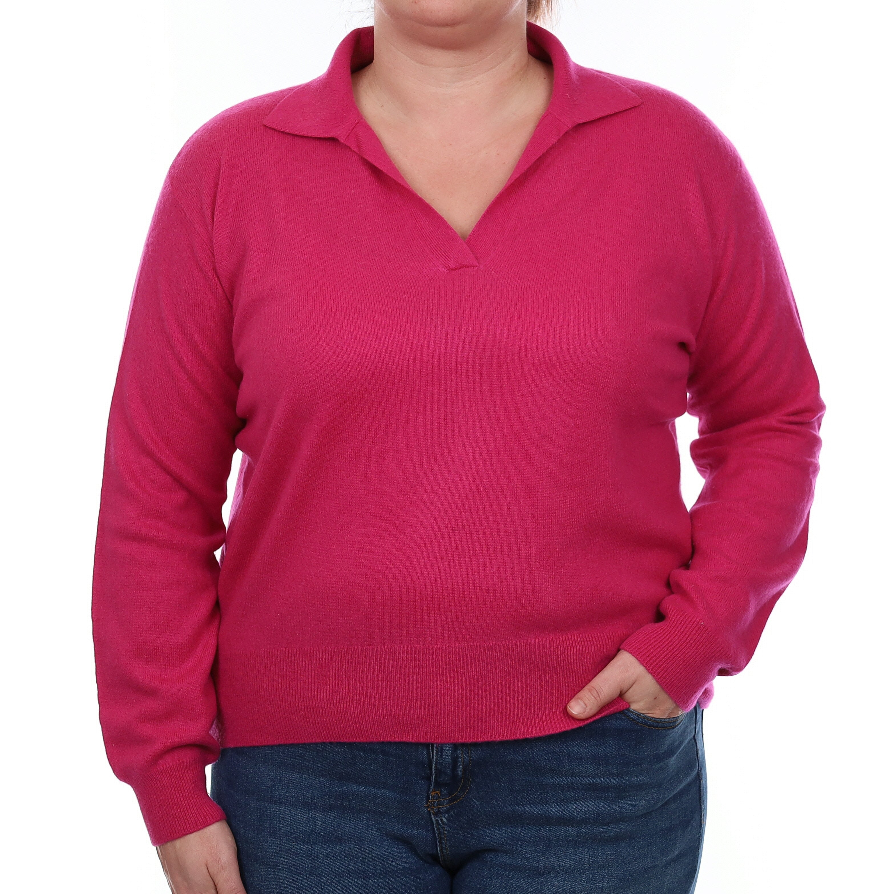 Fuchsia Pink Cashmere Collared V Neck Jumper Large