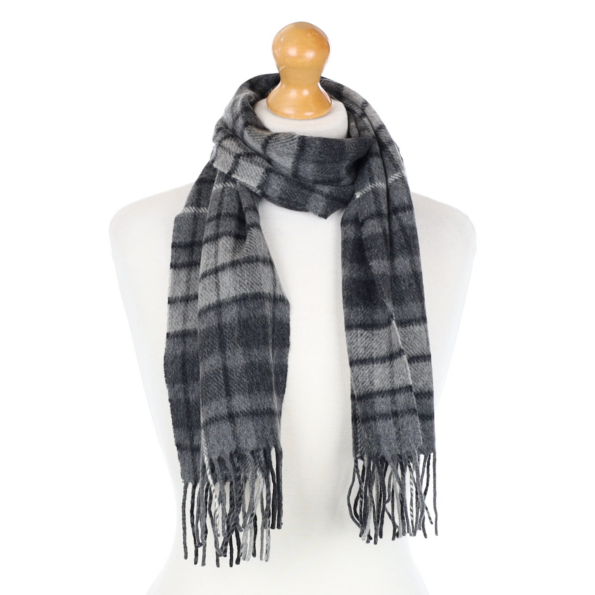Scottish Grey Checked Cashmere Fringed Woven Scarf