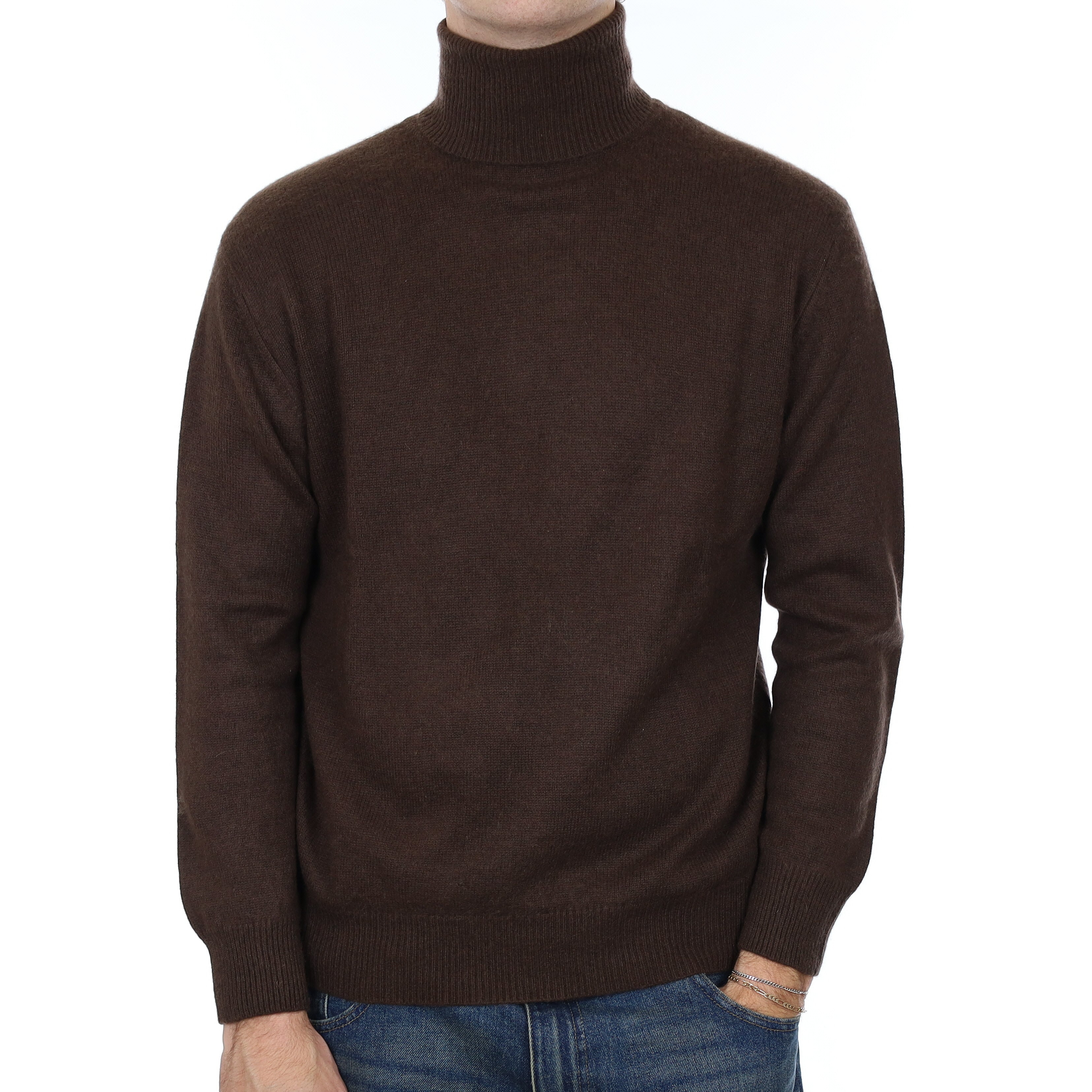 Men’s Chocolate Brown Heavy Knit Cashmere Polo Neck Jumper Medium