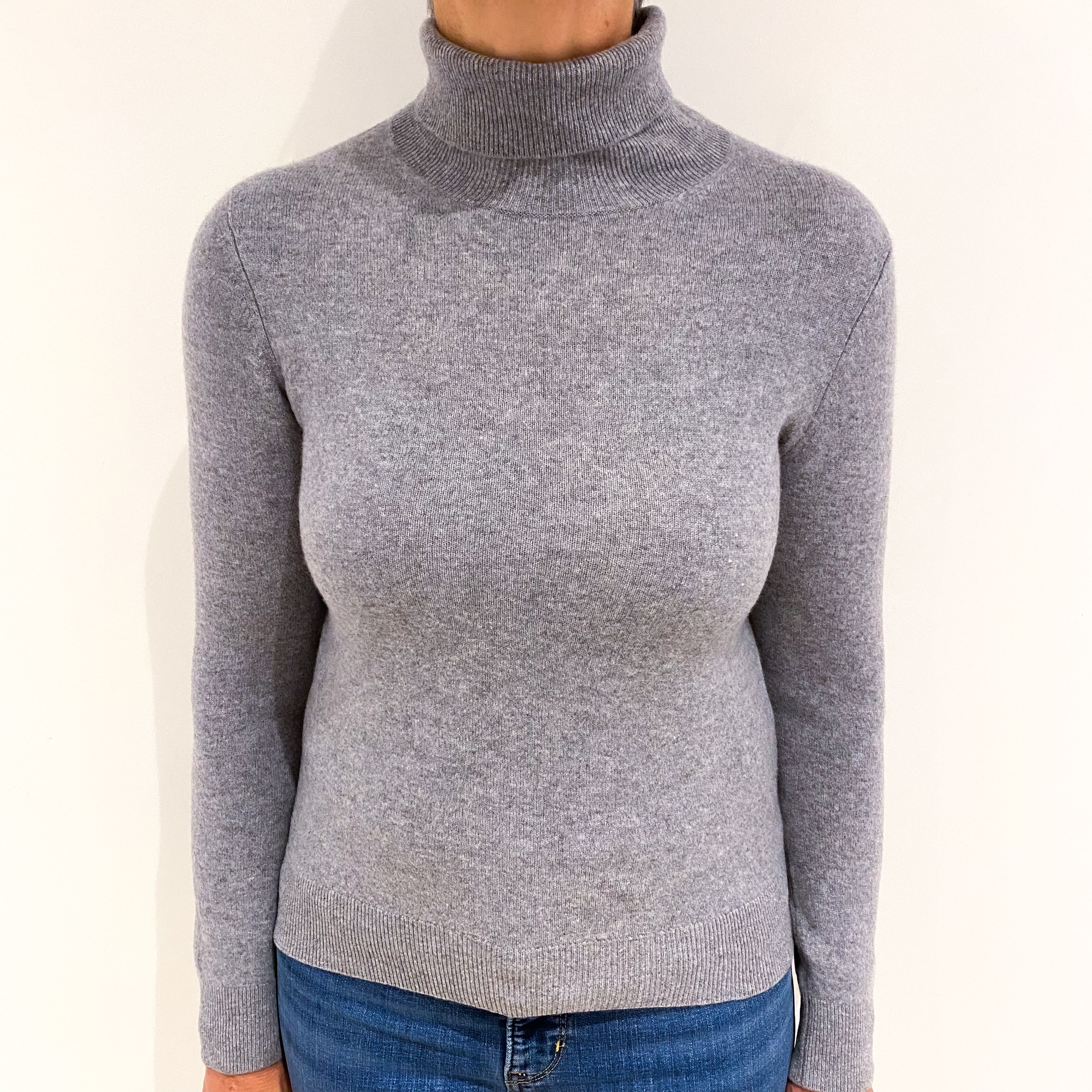 Steel Grey Cashmere Polo Neck Jumper Medium