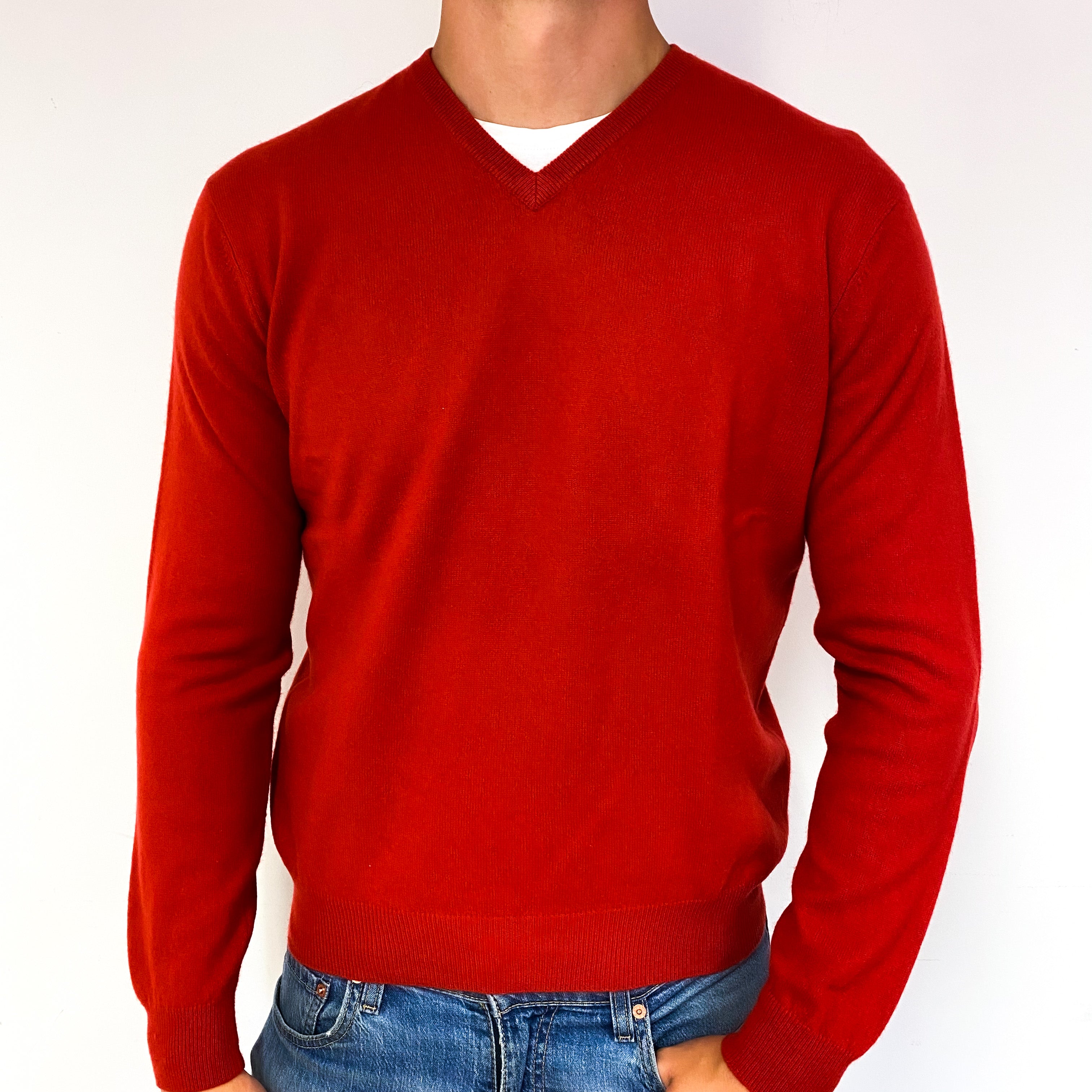 Men's Scarlet Red Cashmere V-Neck Jumper Extra Large