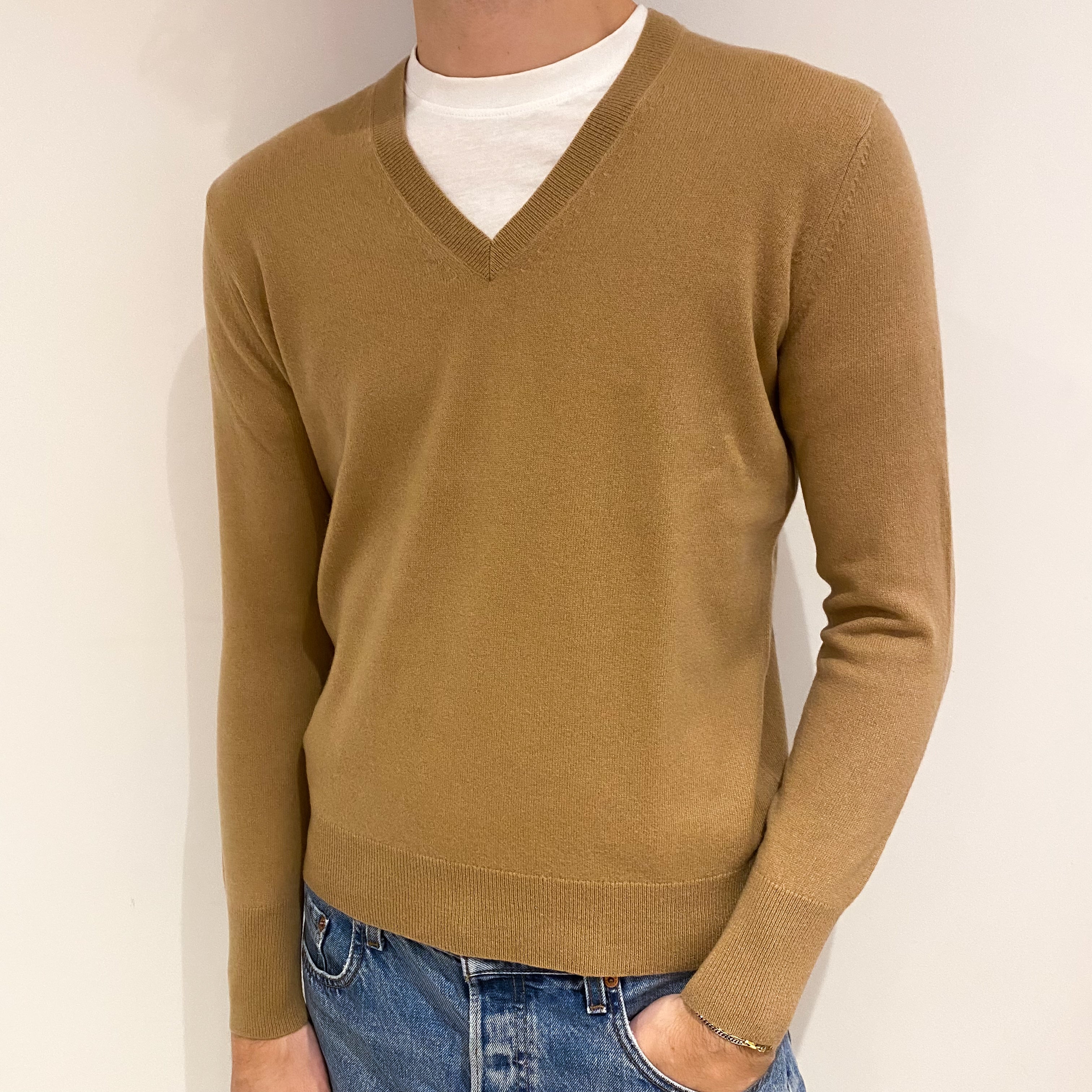 Men's Camel Brown Cashmere V Neck Jumper Large