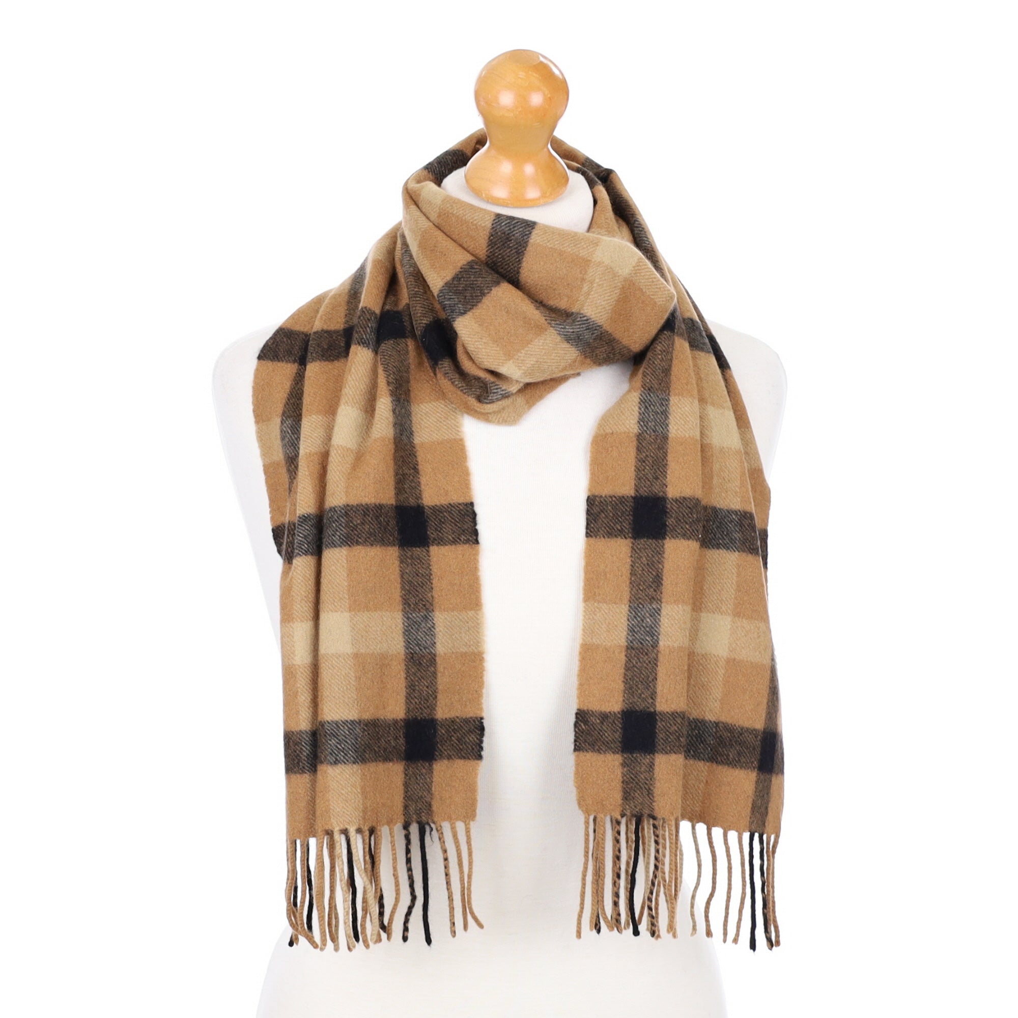 Butterscotch Checked Fringed Cashmere Woven Scarf
