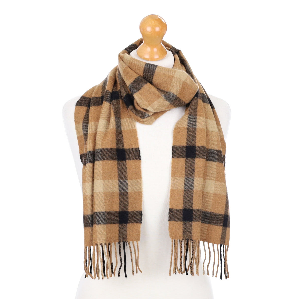 Butterscotch Checked Fringed Cashmere Woven Scarf