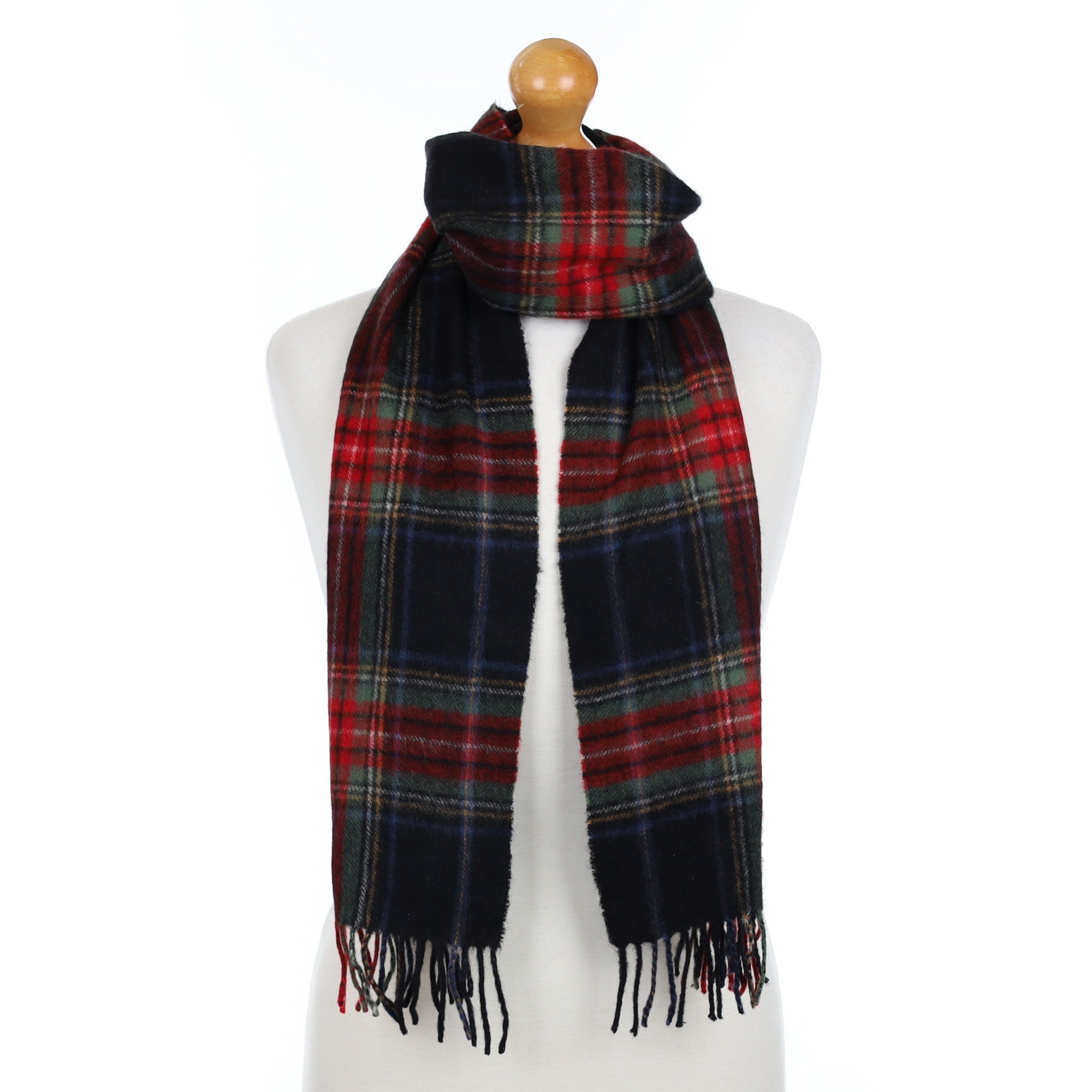 Navy Red Green Check Cashmere Fringed Woven Scarf