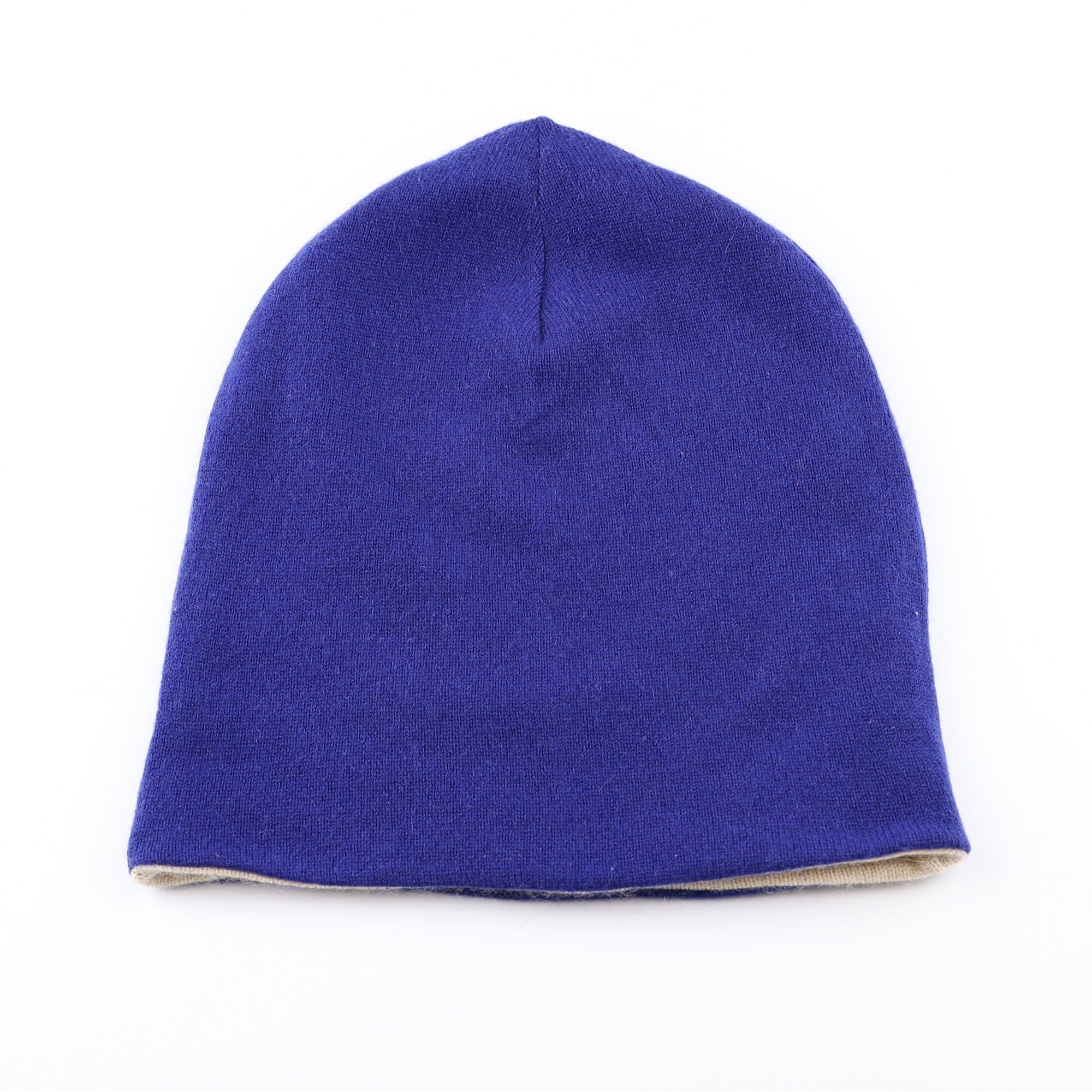 Azure Blue and Biscuit Beige Reversible Cashmere Beanie Hat