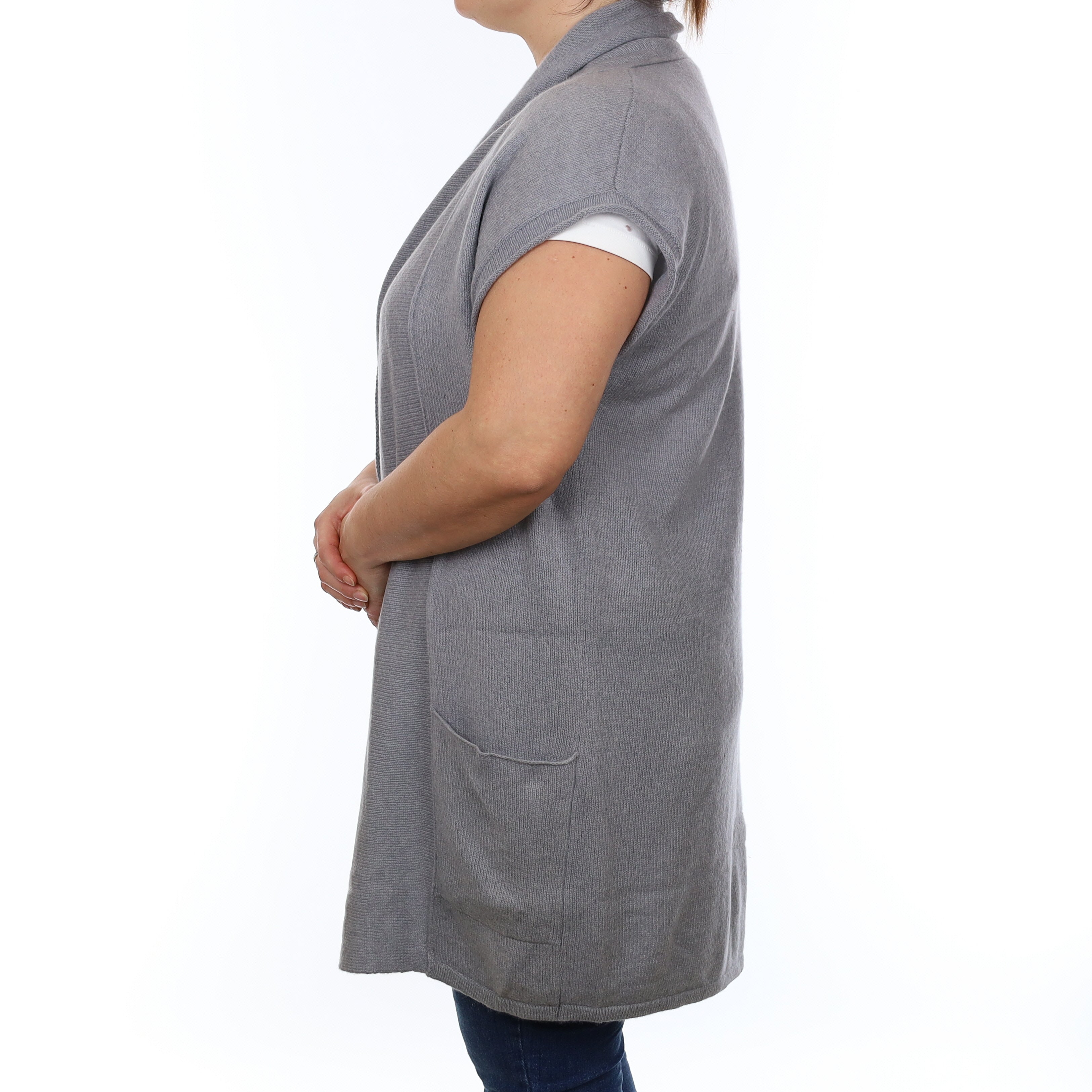 Poetry Grey Heavy Knit Cashmere Capped Sleeve Edge to Edge Cardigan Large
