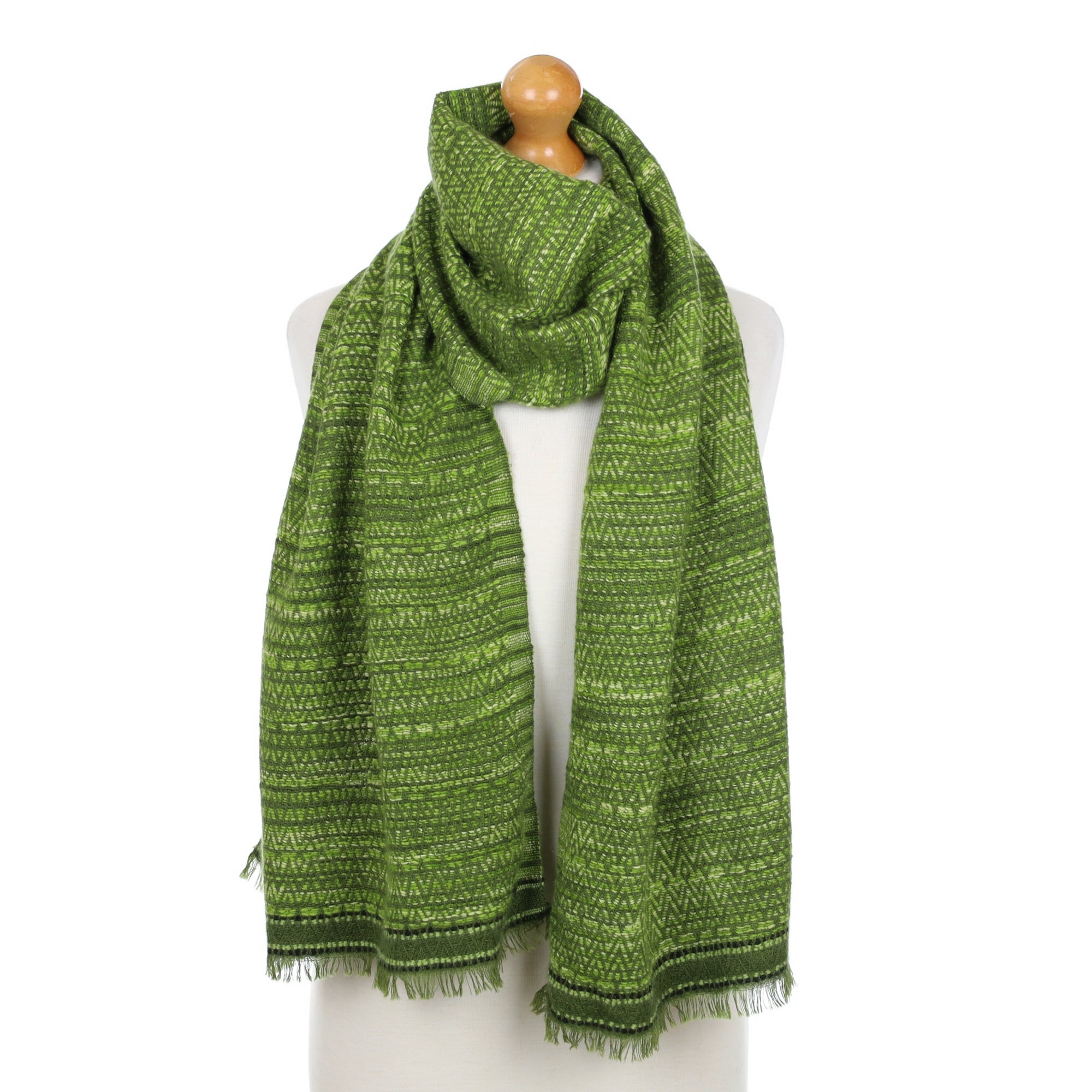 Moss Green Patterned Cashmere Fringed Woven Scarf
