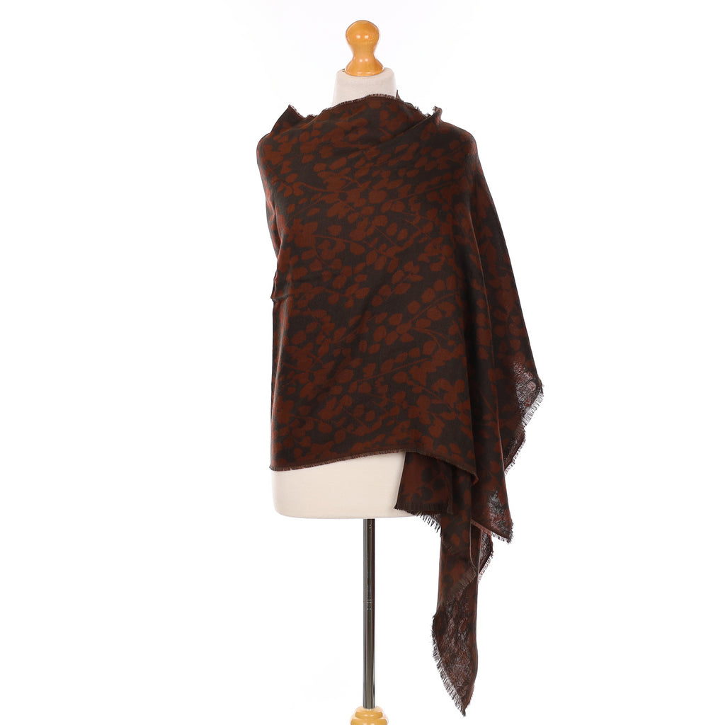 Brand New Begg & Co Rust and Dark Chocolate Floral Cashmere Blend Woven Wrap
