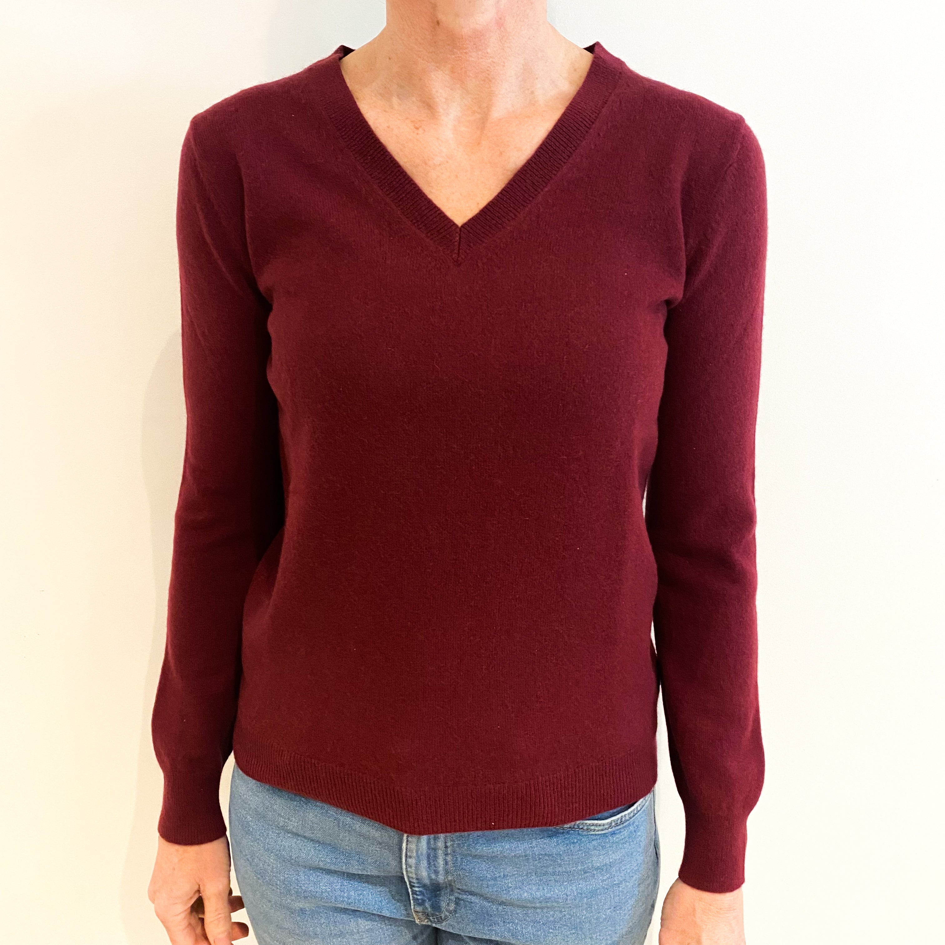 Maroon Red Cashmere V Neck Jumper Small