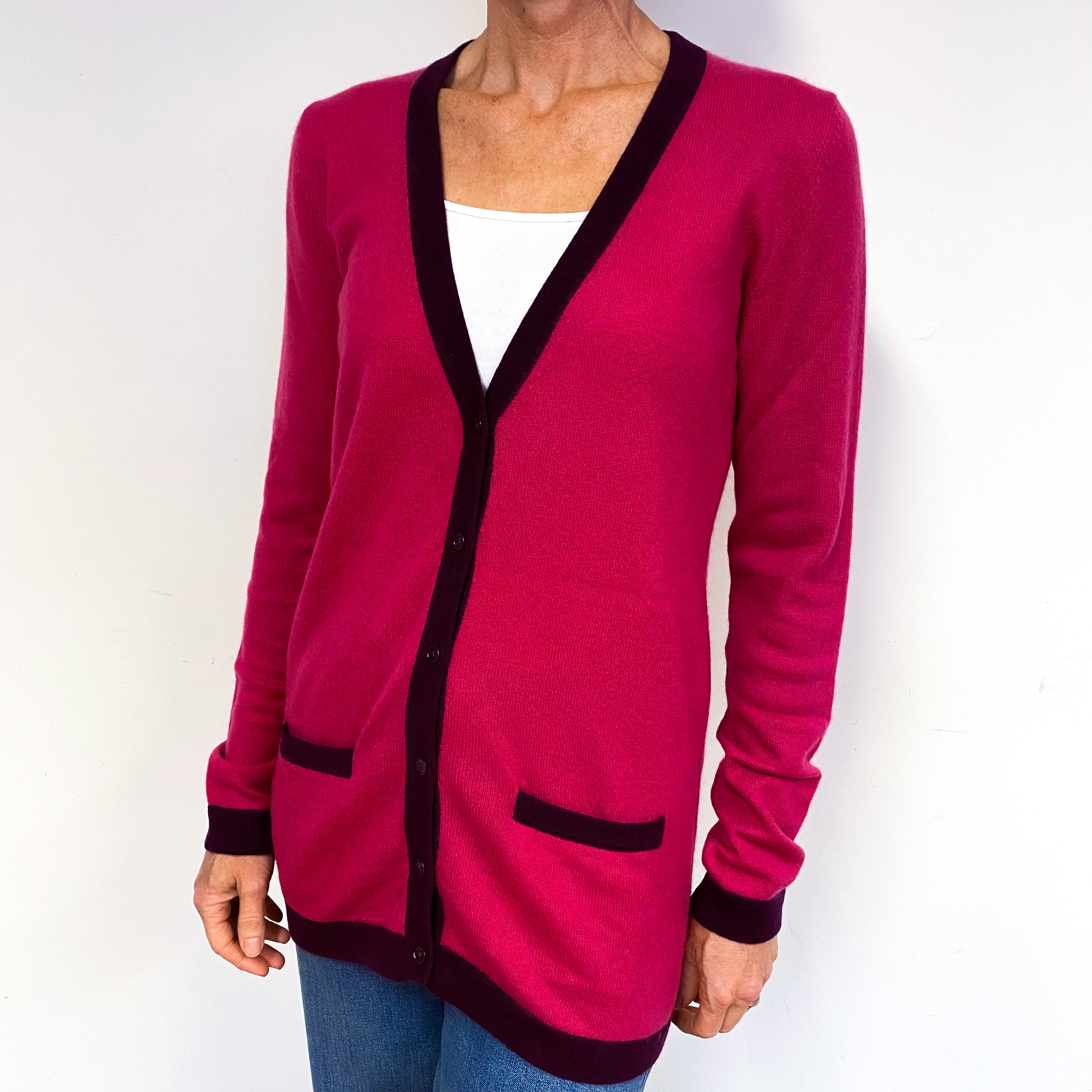Fuchsia Pink Purple Trim Cashmere V-Neck Cardigan Medium