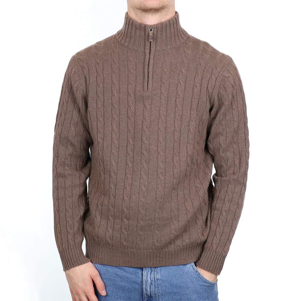 Men’s Scottish William & Son Mocha Cable Cashmere 1/4 Zip Jumper Large