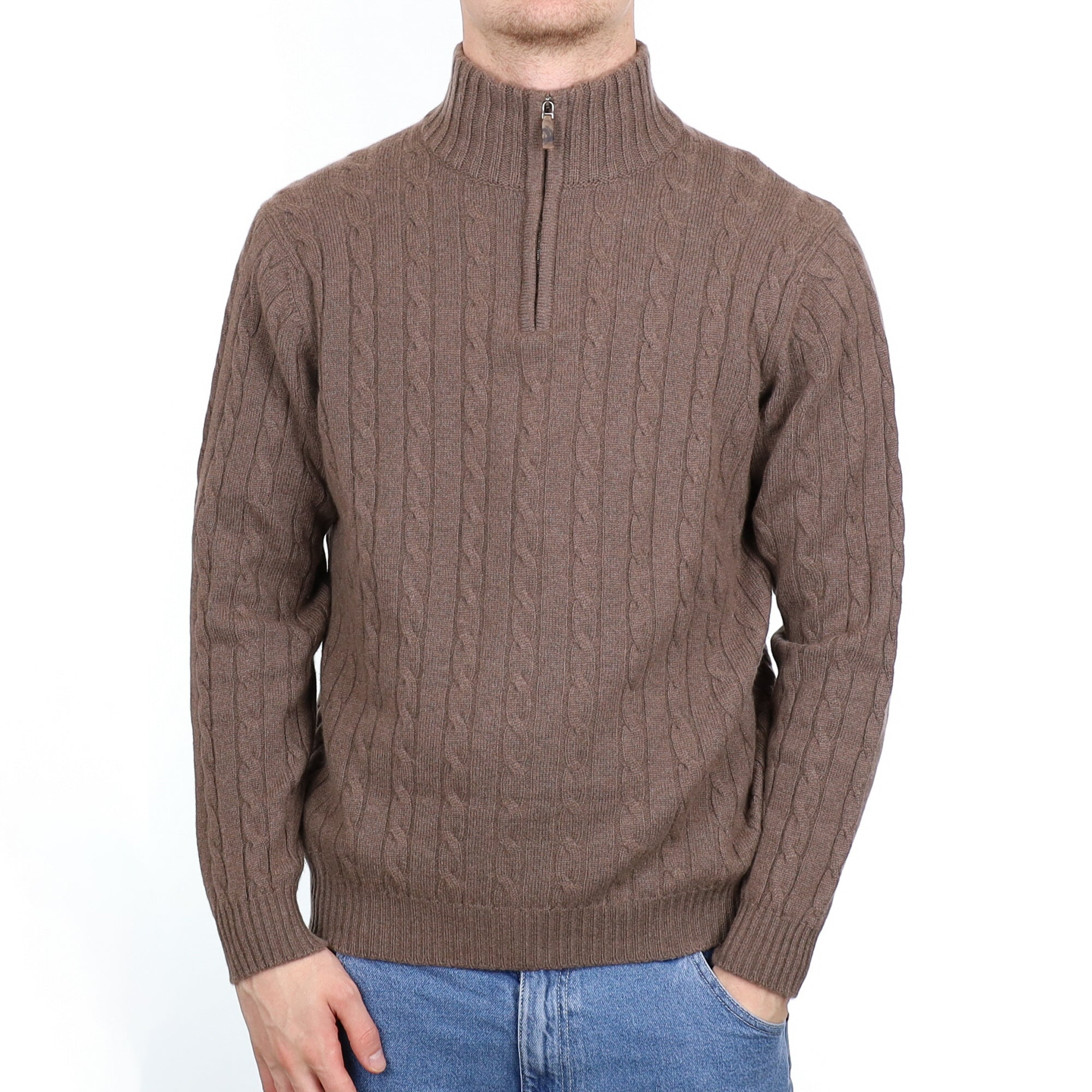 Men’s Scottish William & Son Mocha Cable Cashmere 1/4 Zip Jumper Large