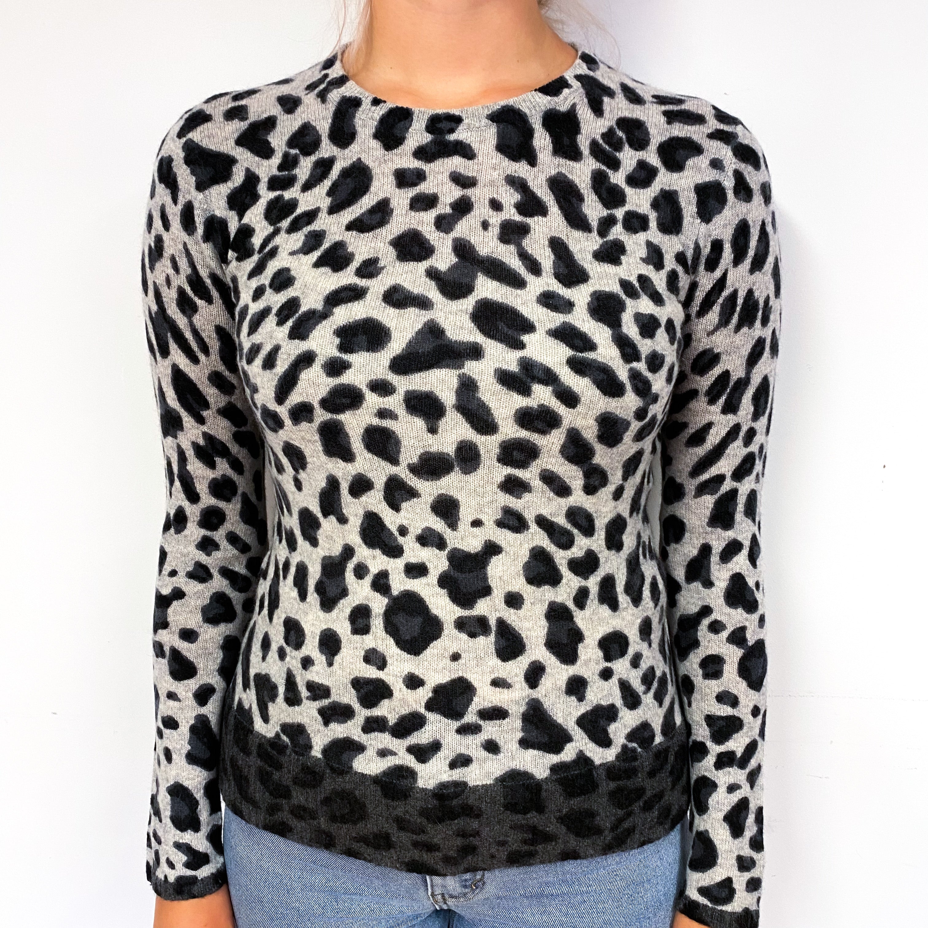 Slate Grey Black Leopard Print Cashmere Crew Neck Jumper Small