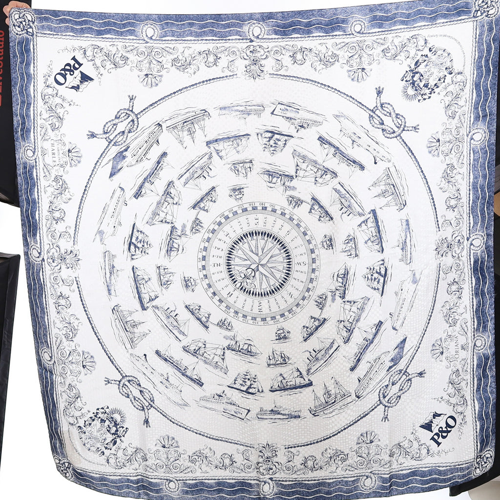 Brand New Boxed Caroline Charles Blue and White Sail Boat Silk Scarf