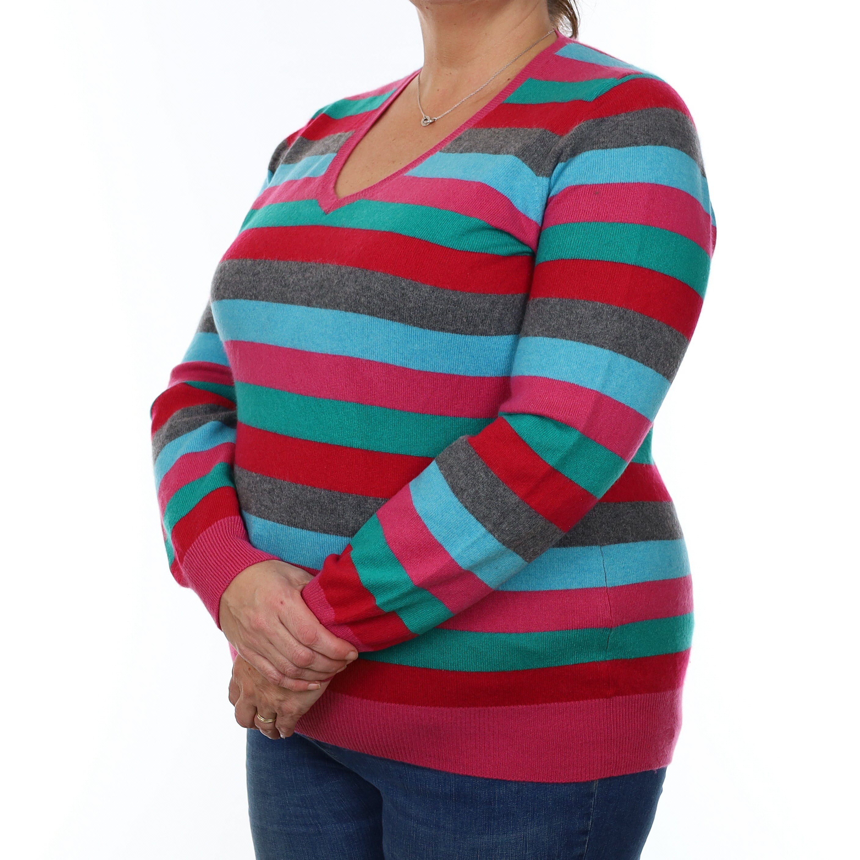 Multicolour Striped Cashmere V Neck Jumper Extra Large