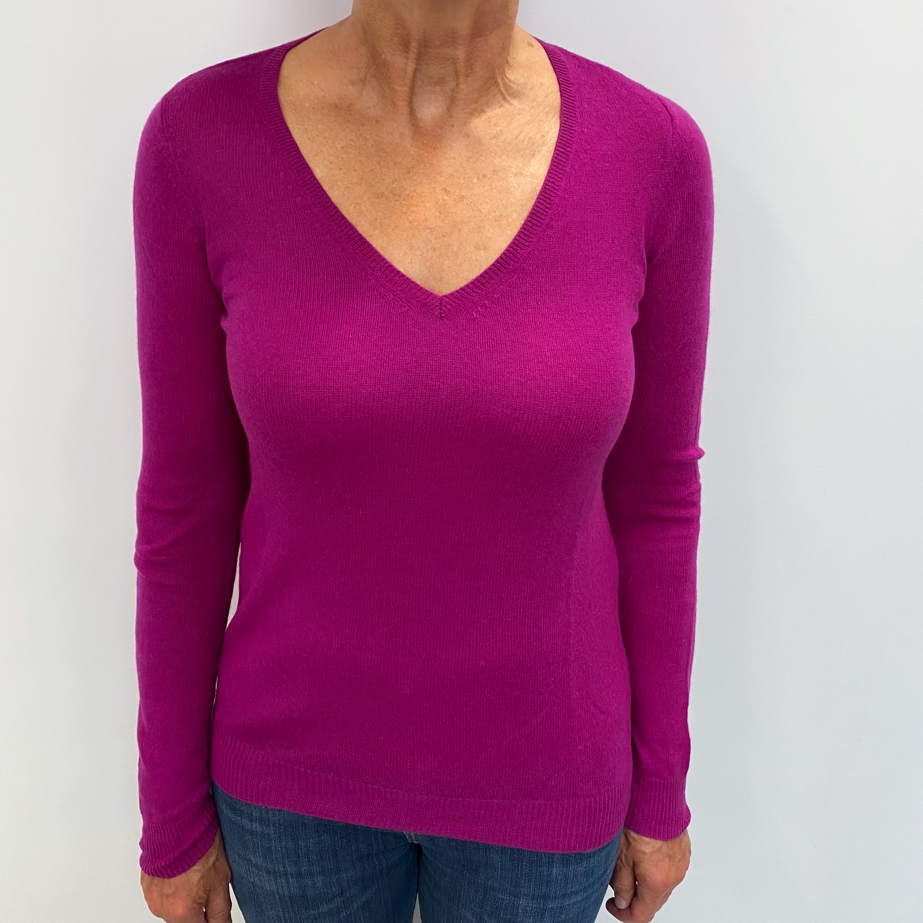 Magenta Purple Cashmere V Neck Jumper Medium
