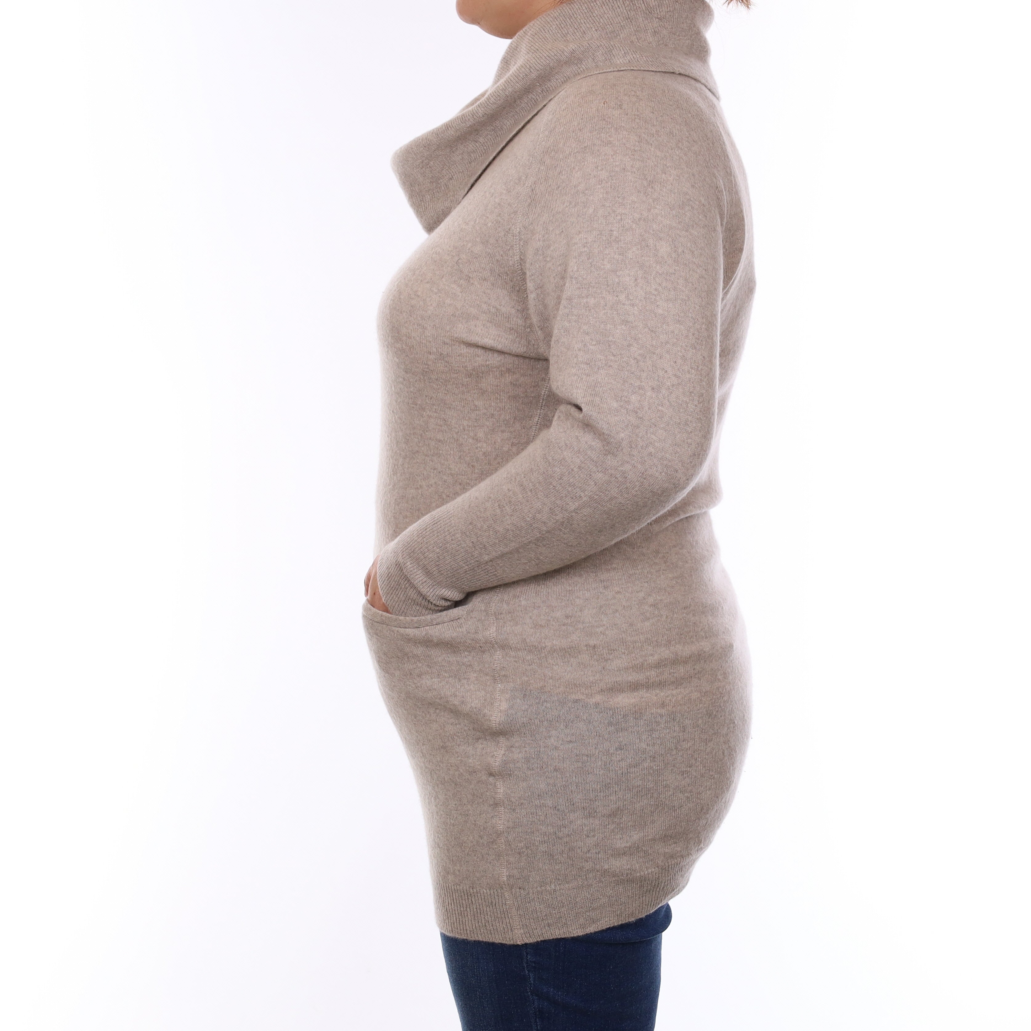 Fawn Longline Cashmere Cowl Neck Jumper with Pockets Large