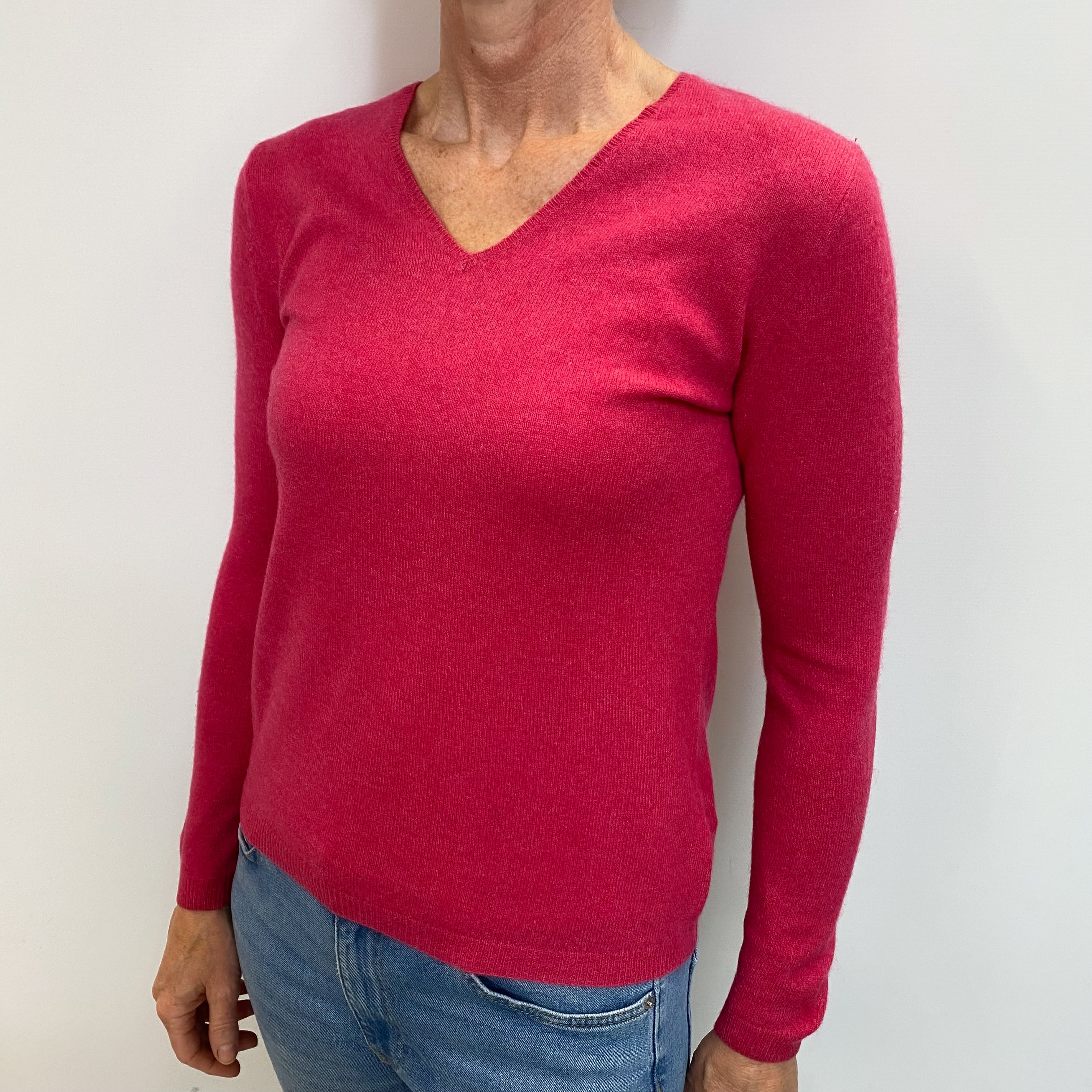 Raspberry Pink Cashmere V Neck Jumper Small