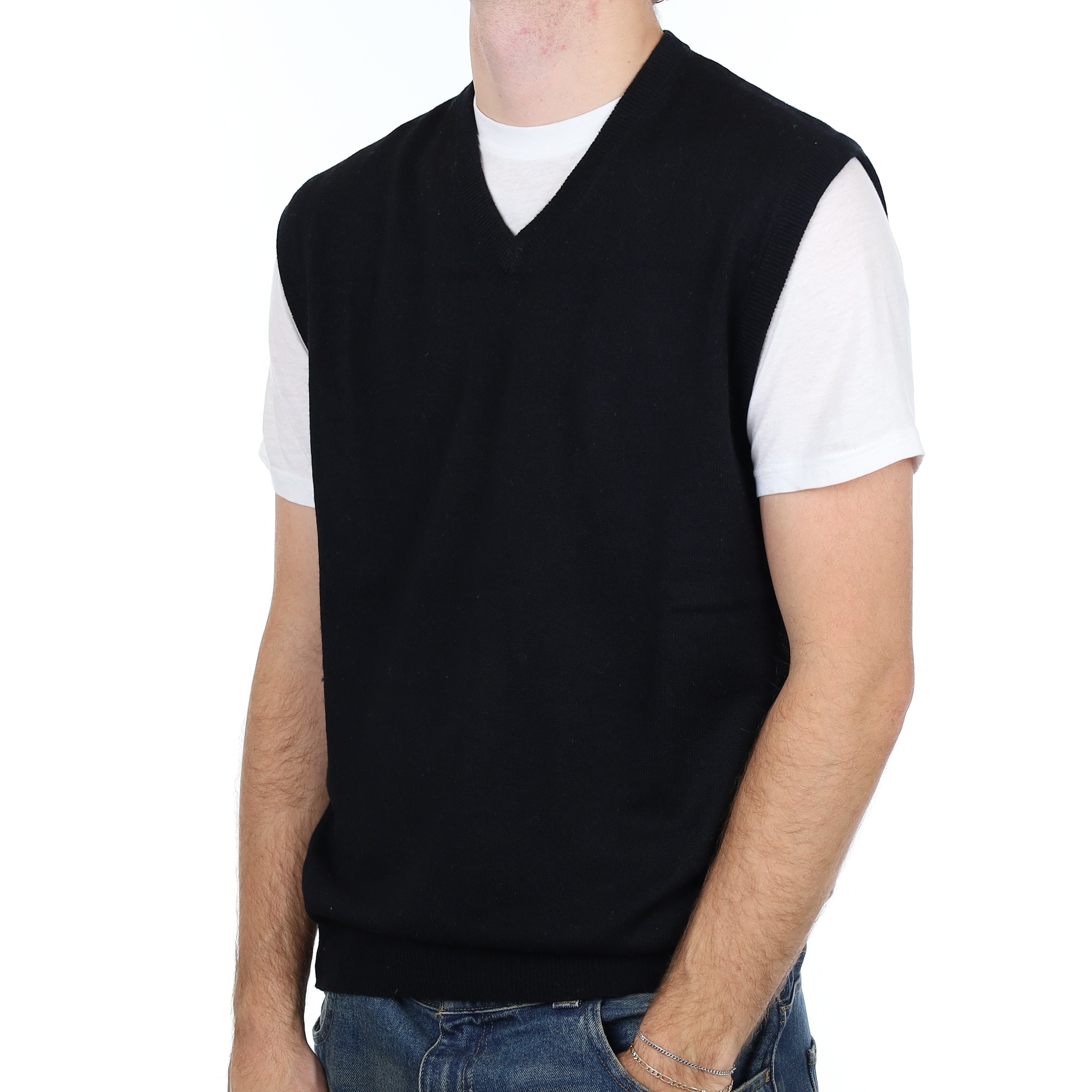 Men’s Yorn Black Cashmere V Neck Tank Top Large