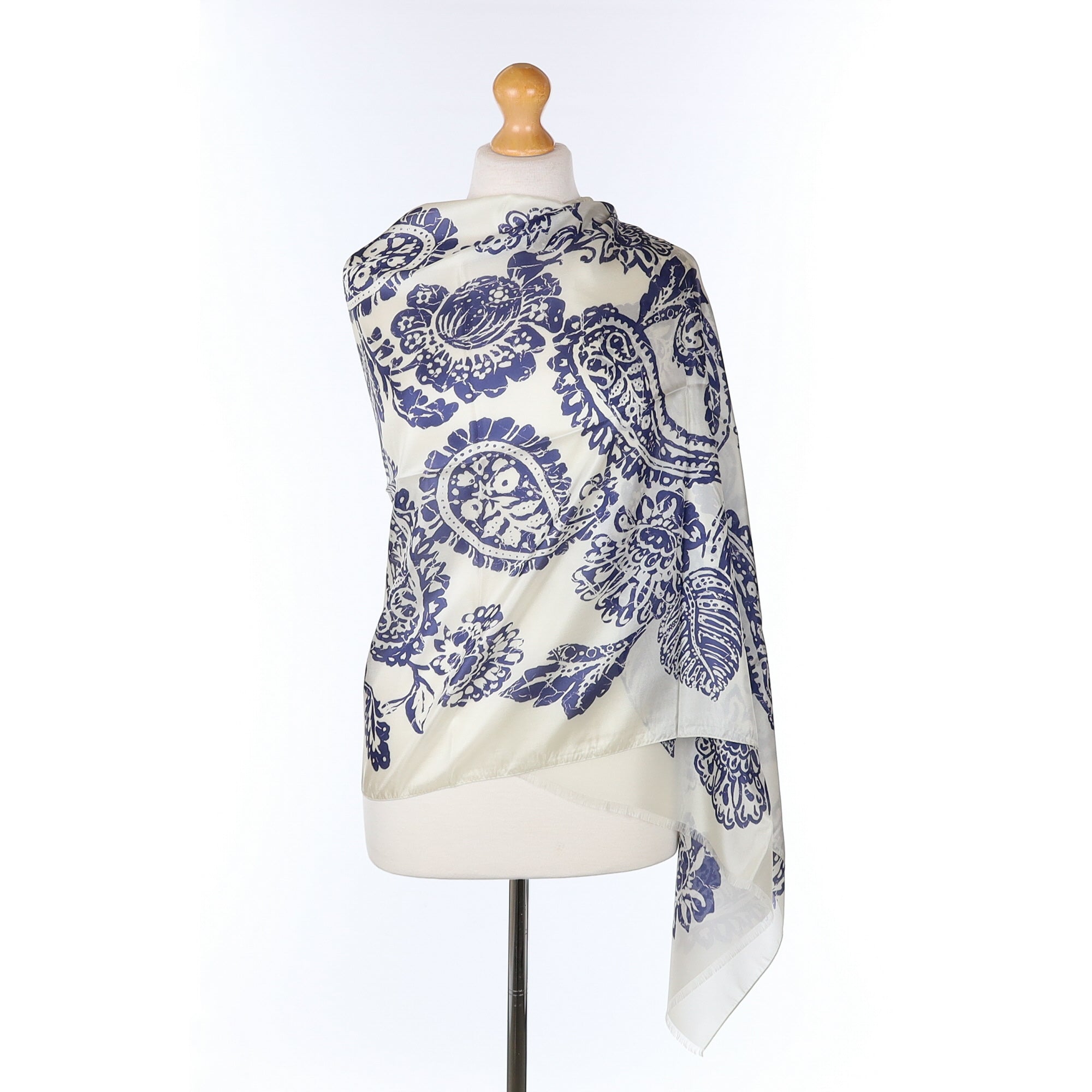 Brand New Italian Ivory and Navy Paisley Silk Wrap
