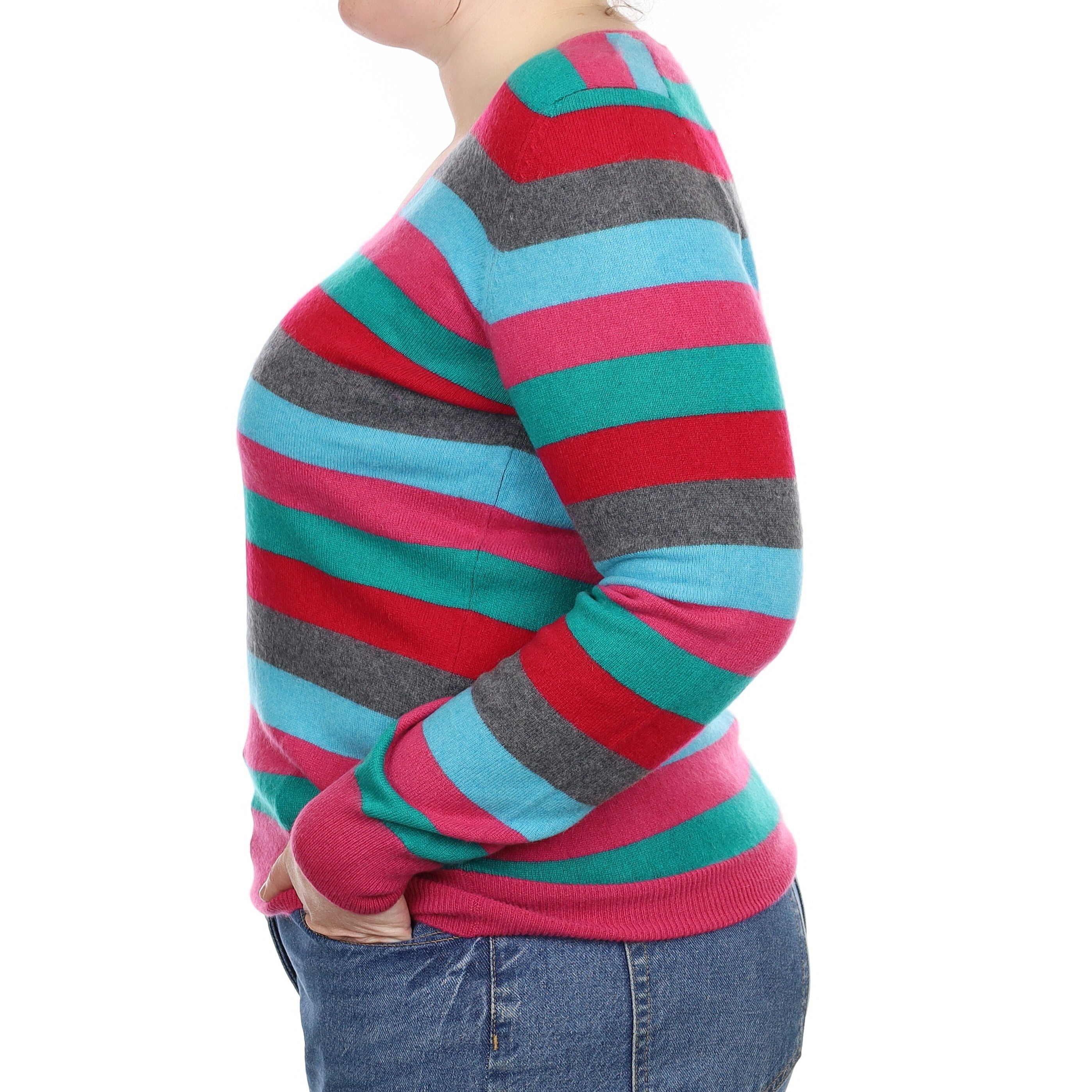 Multicolour Striped Cashmere V Neck Jumper Large