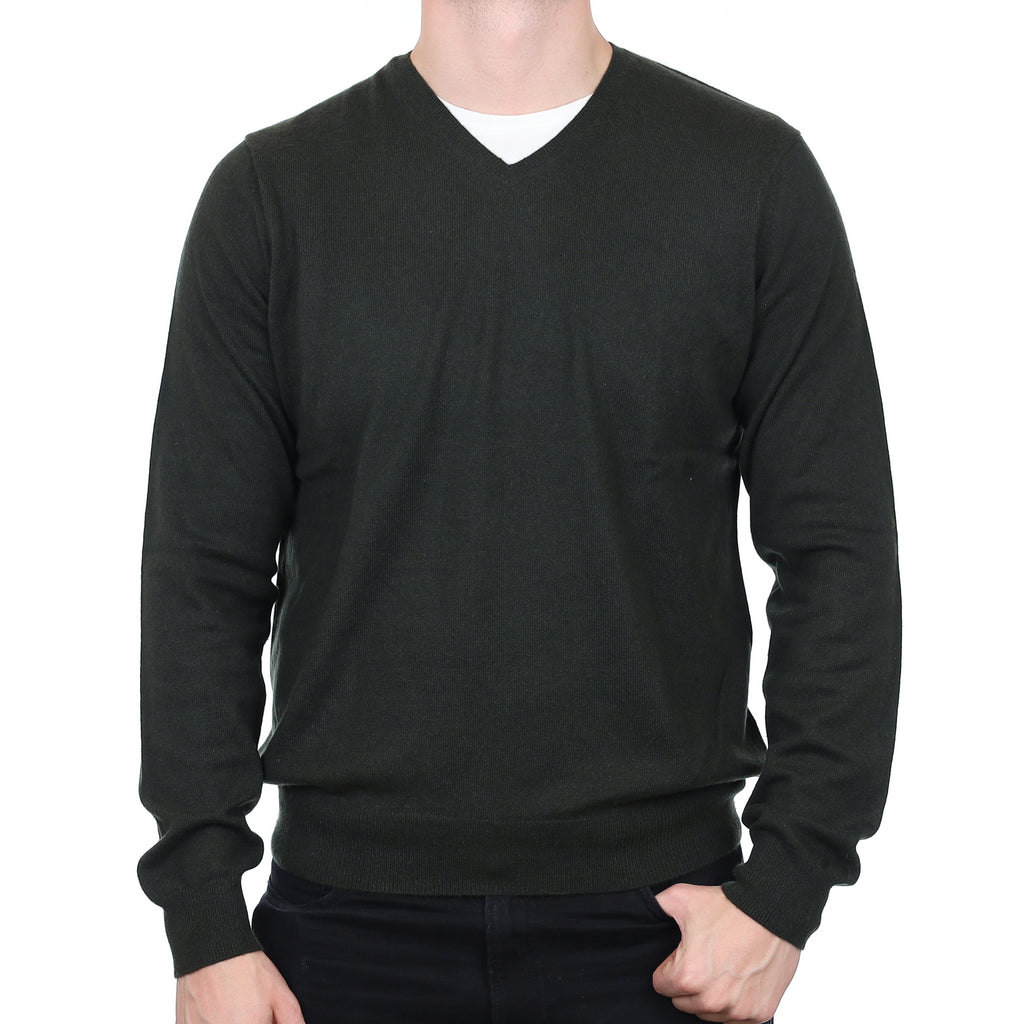 Men’s Shadow Green Cashmere V Neck Jumper Extra Large